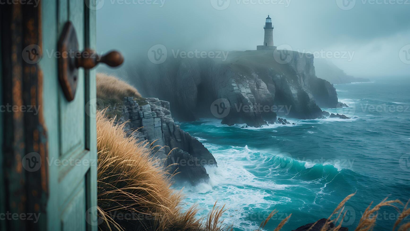 Opening Door Overlooking Dramatic Coastal Lighthouse Scene with Crashing Waves photo