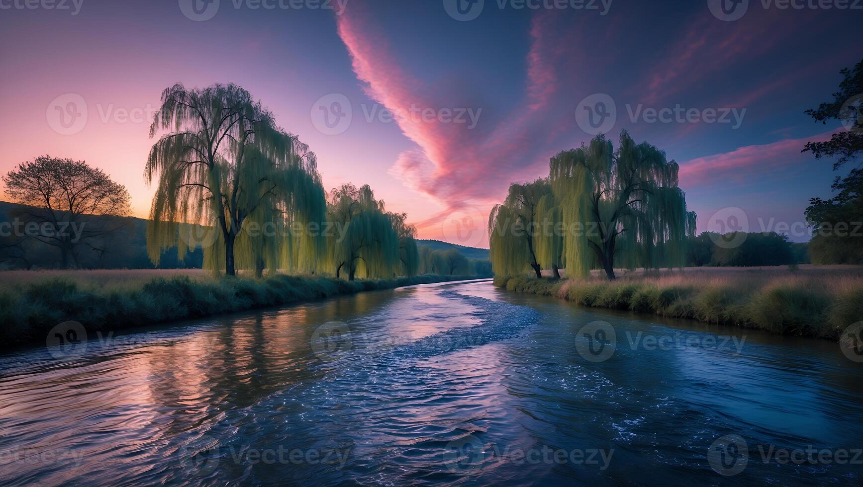 River Flowing Through Landscape with Willow Trees During Colorful Twilight photo