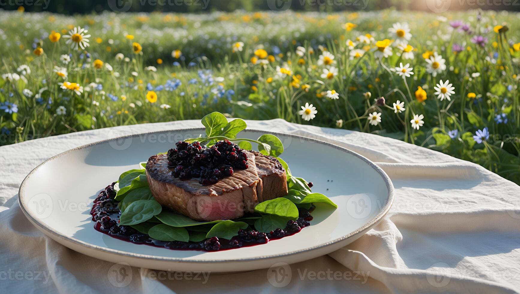 Serving Grilled Steak with Berries and Spinach Outdoor on Table photo