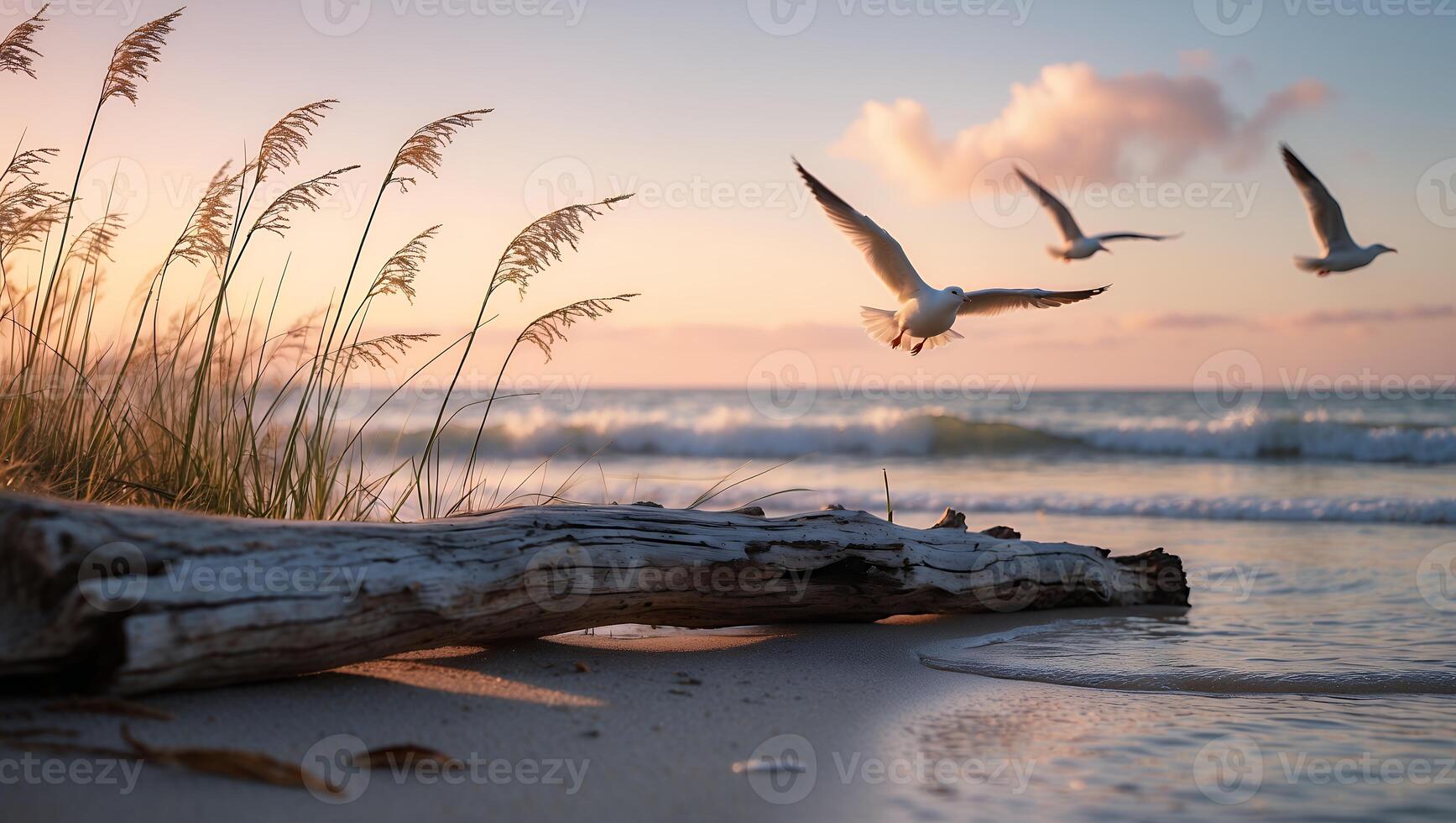 Seagulls Flying Over the Ocean Waves at Sunset on a Beach photo