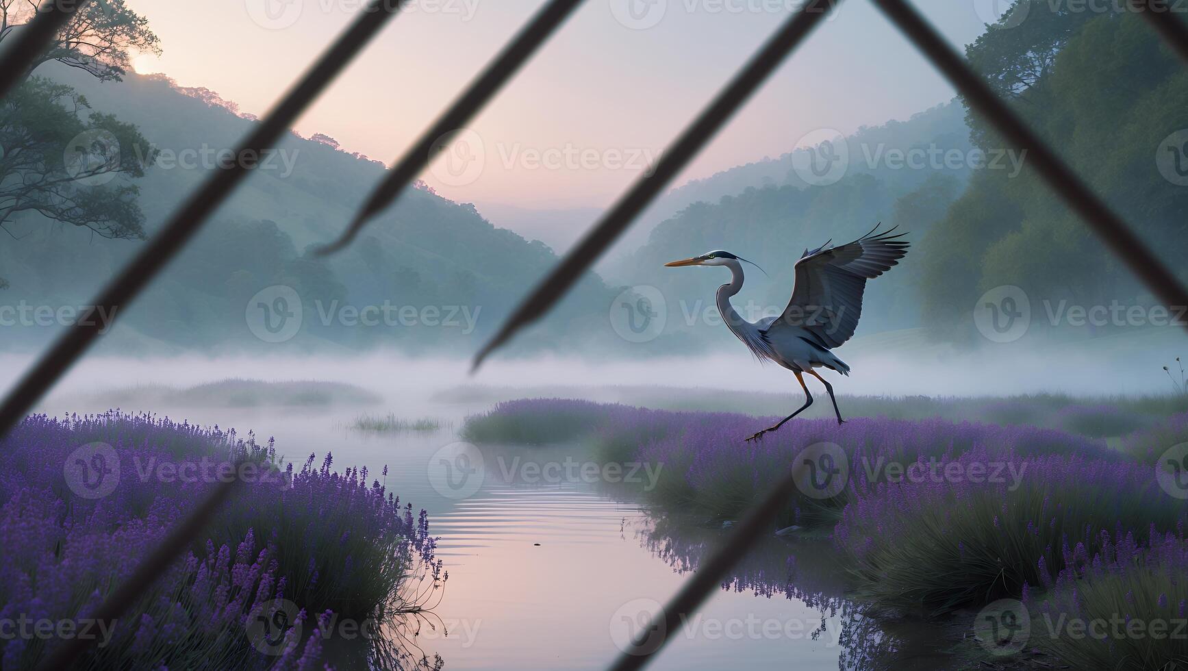 Heron Walking on Lavender Field Near Lake on a Misty Morning photo