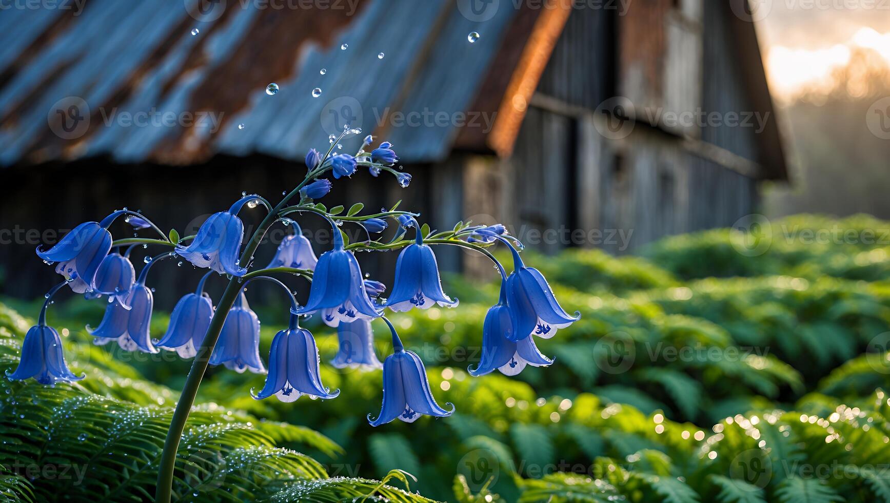 Blooming Bluebell Flowers with Dew Drops in Rural Farm Setting photo