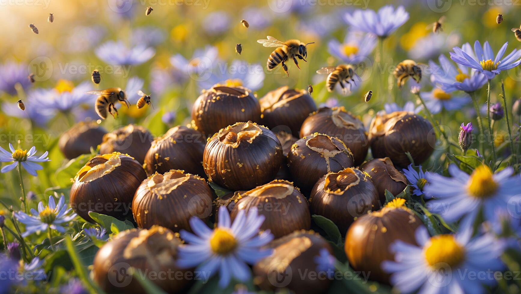Bees Collecting Pollen Around Fallen Horse Chestnuts and Purple Flowers photo