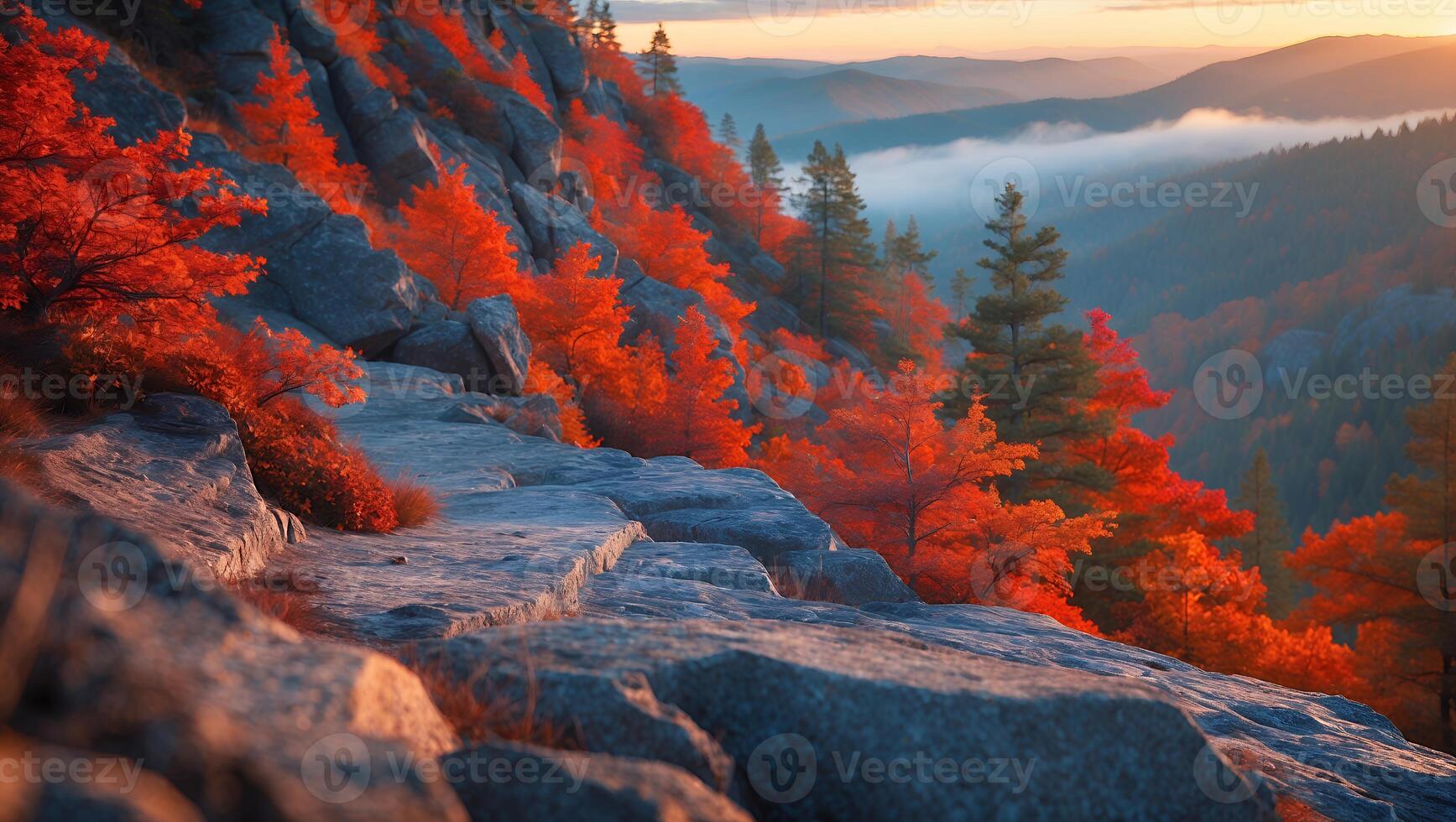 Vibrant Fall Foliage Along Rocky Mountain Ridge with Distant Fog photo