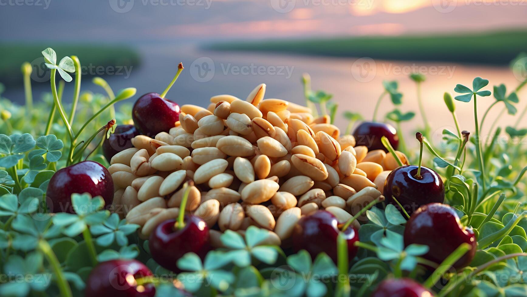 Cherries and Nuts Pile on Clover with Soft Sunset Background photo