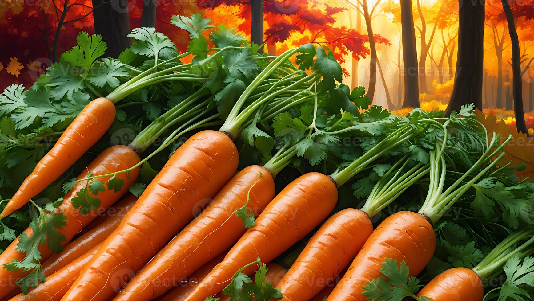 Fresh Carrots Displayed with Green Tops Against Autumn Forest Backdrop photo