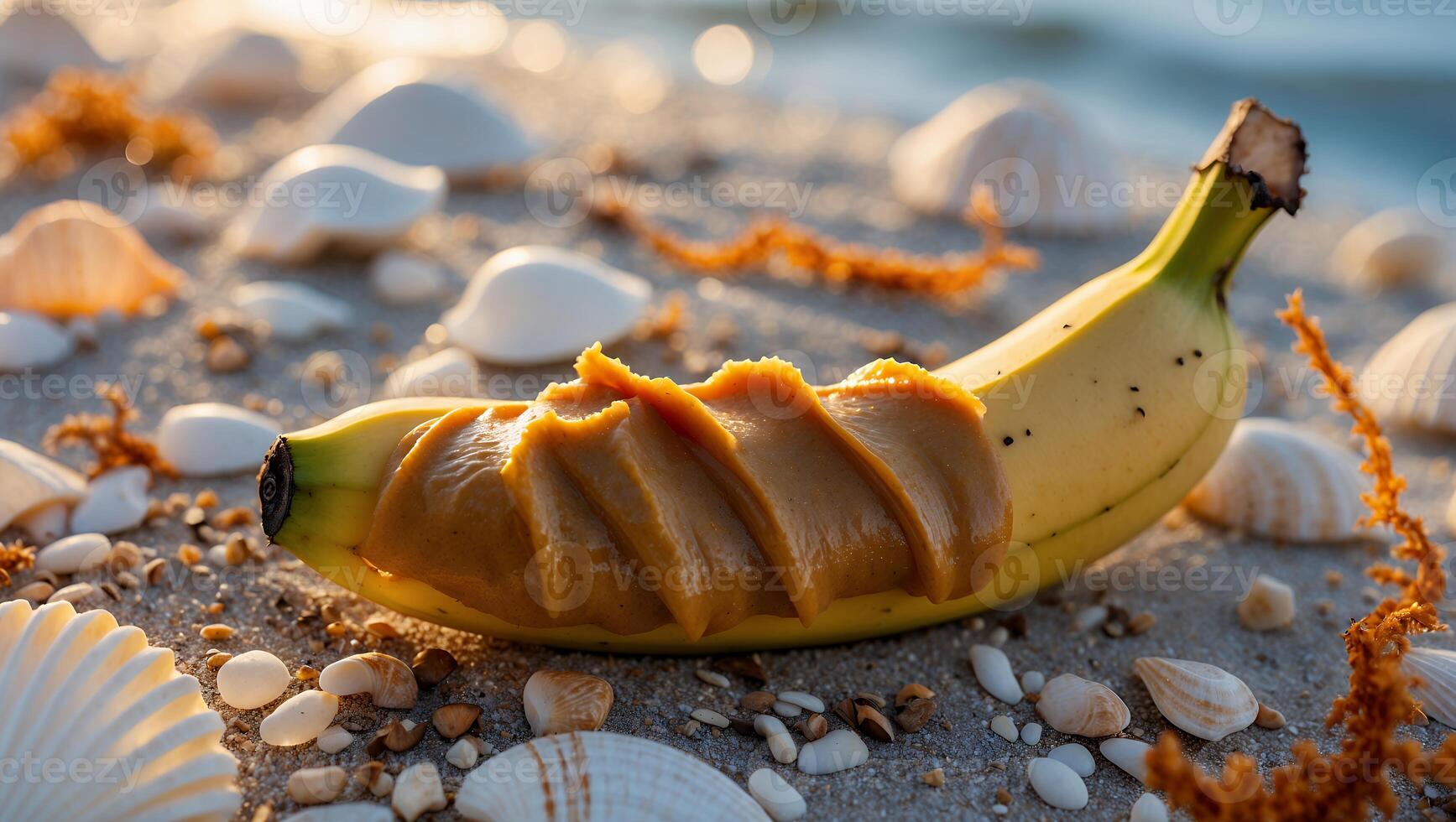 Banana with Peanut Butter on Beach Surrounded by Seashells in Sunlight photo