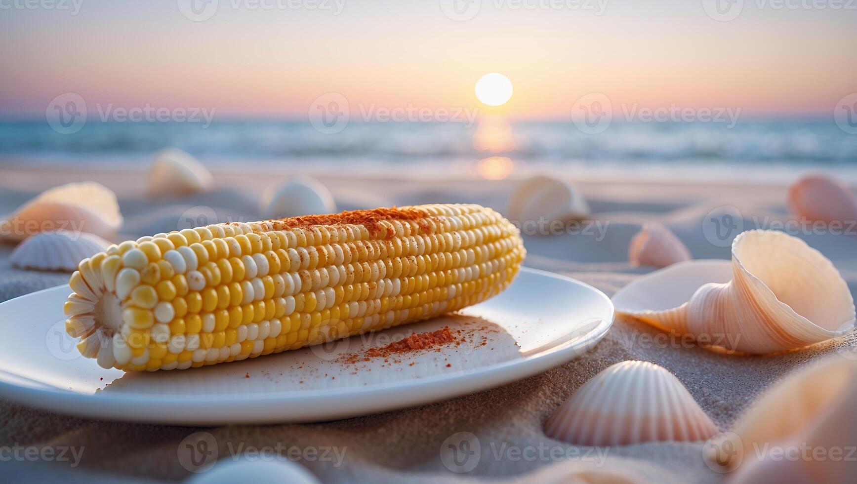 Corn on the Cob at Sunset Beach with Shells and Plate photo