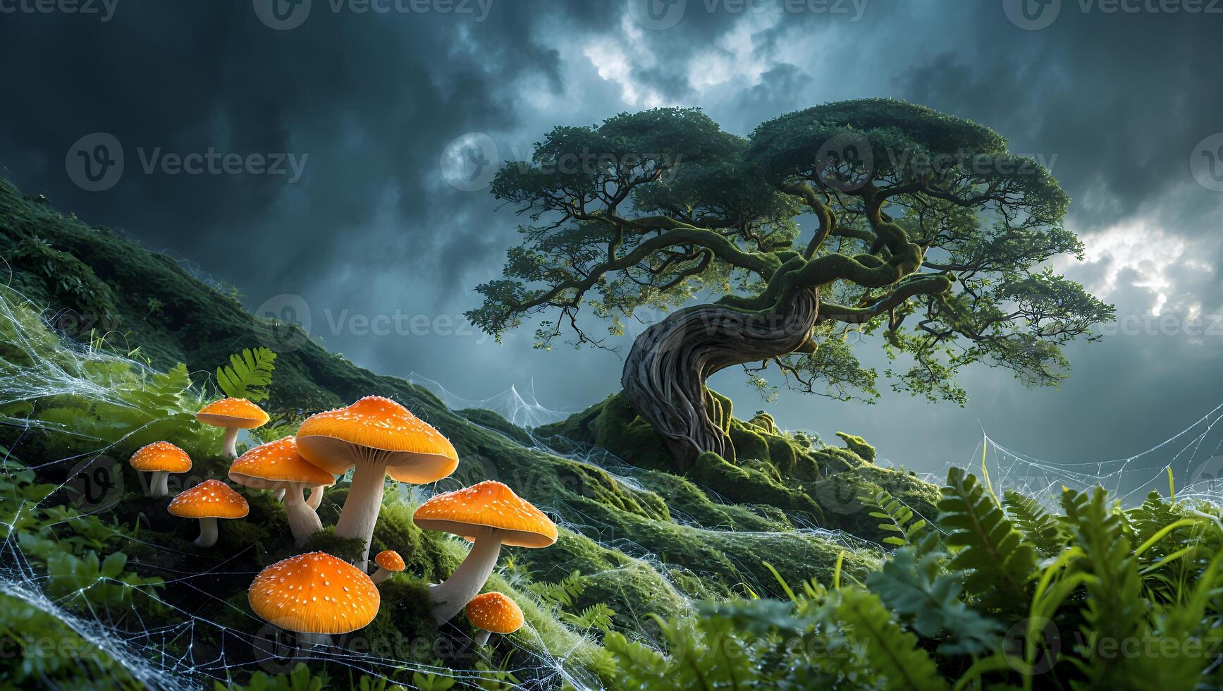 Exploring Fly Agaric Mushrooms and a Twisted Tree Under a Stormy Sky photo