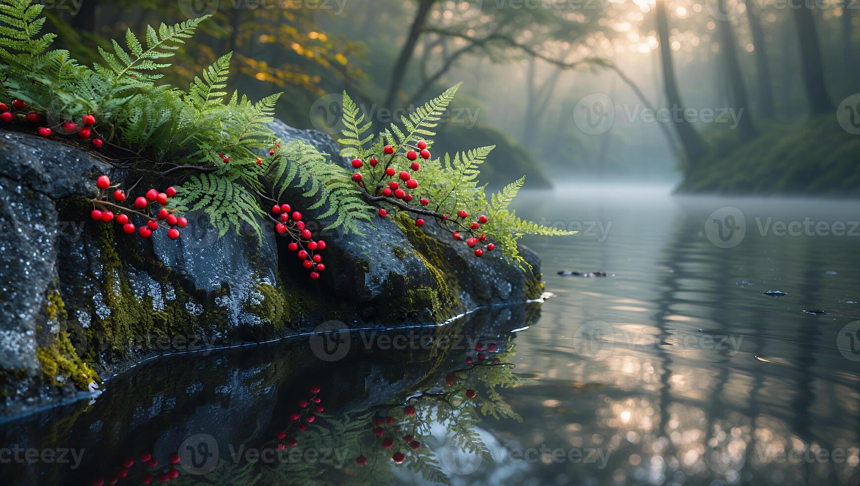Fern and Red Berries on Rock by Misty Stream in Forest photo