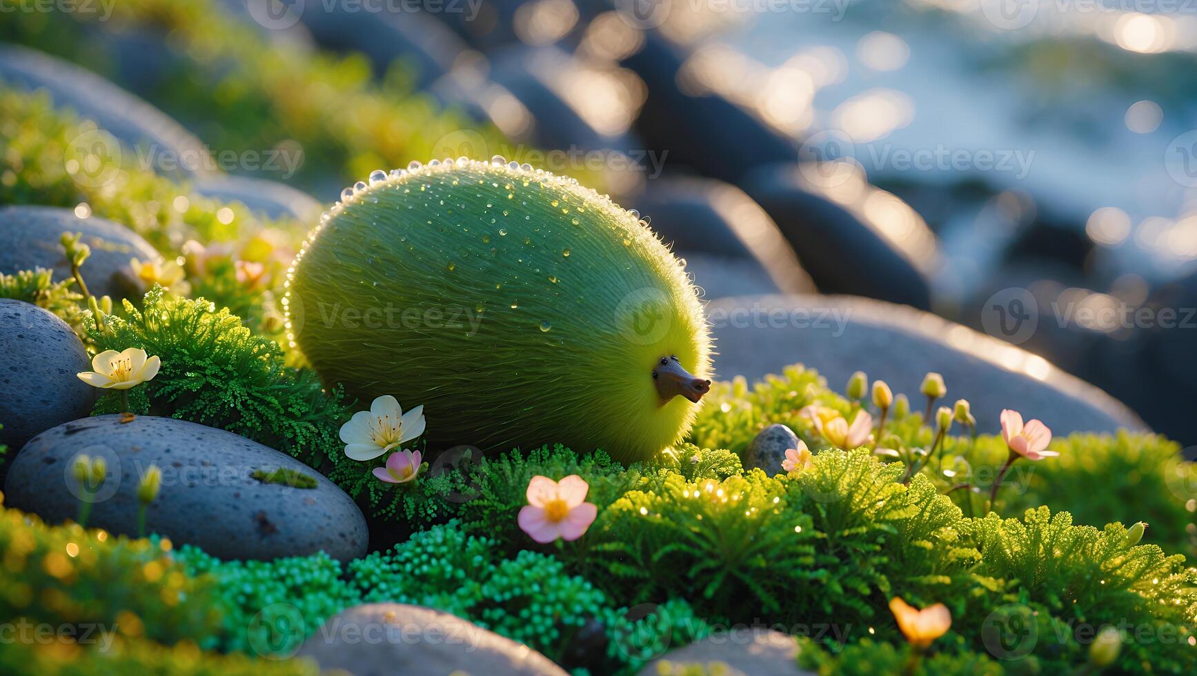 Green Fruit Resting Among Vibrant Moss and Small Flowers Near Water photo