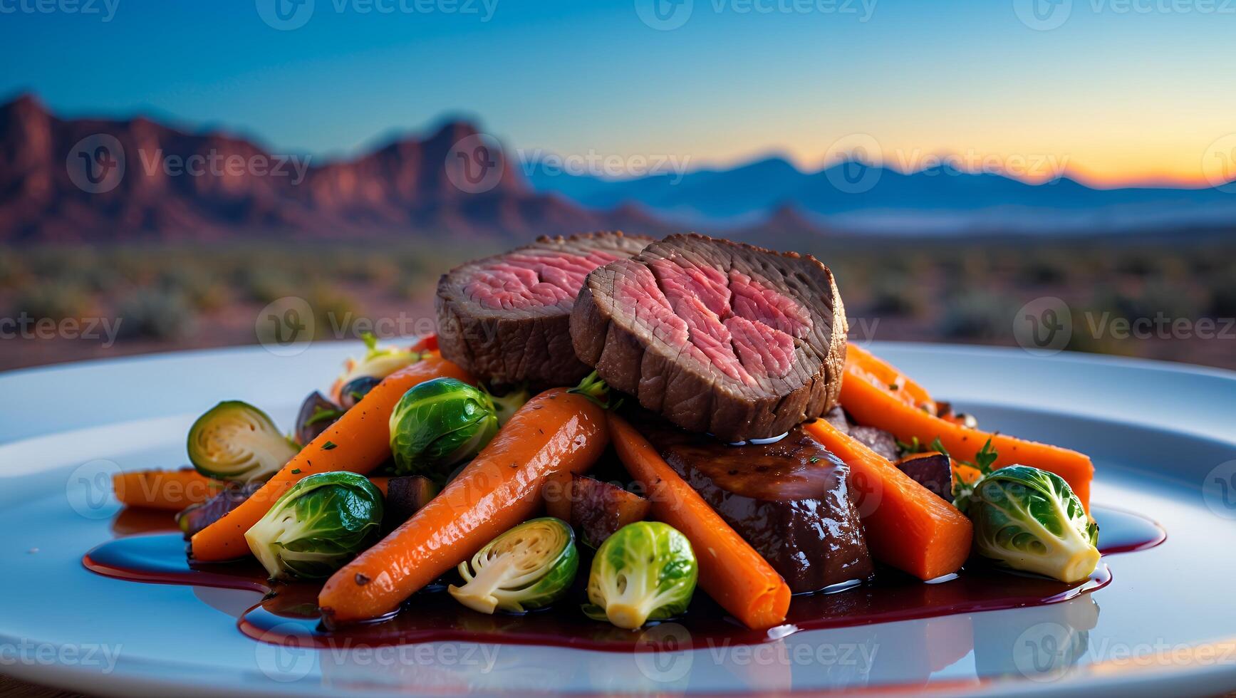 Delicious Steak and Roasted Vegetable Dish Presentation with Mountain Backdrop photo