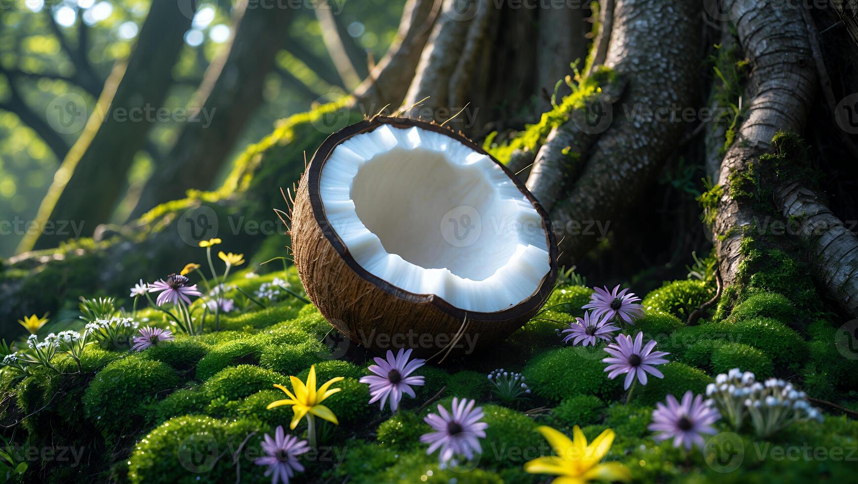 Open Coconut Resting Among Moss and Flowers in a Forest Setting photo