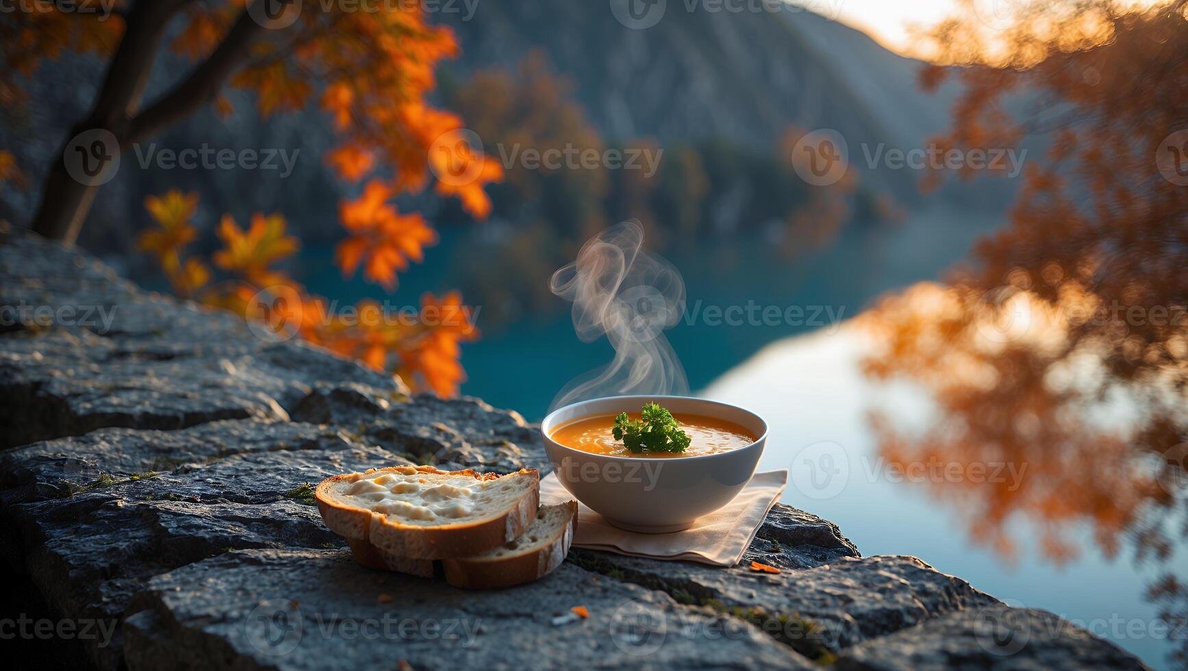 Soup with Bread Enjoying Peaceful Moment by Lake in Autumn photo