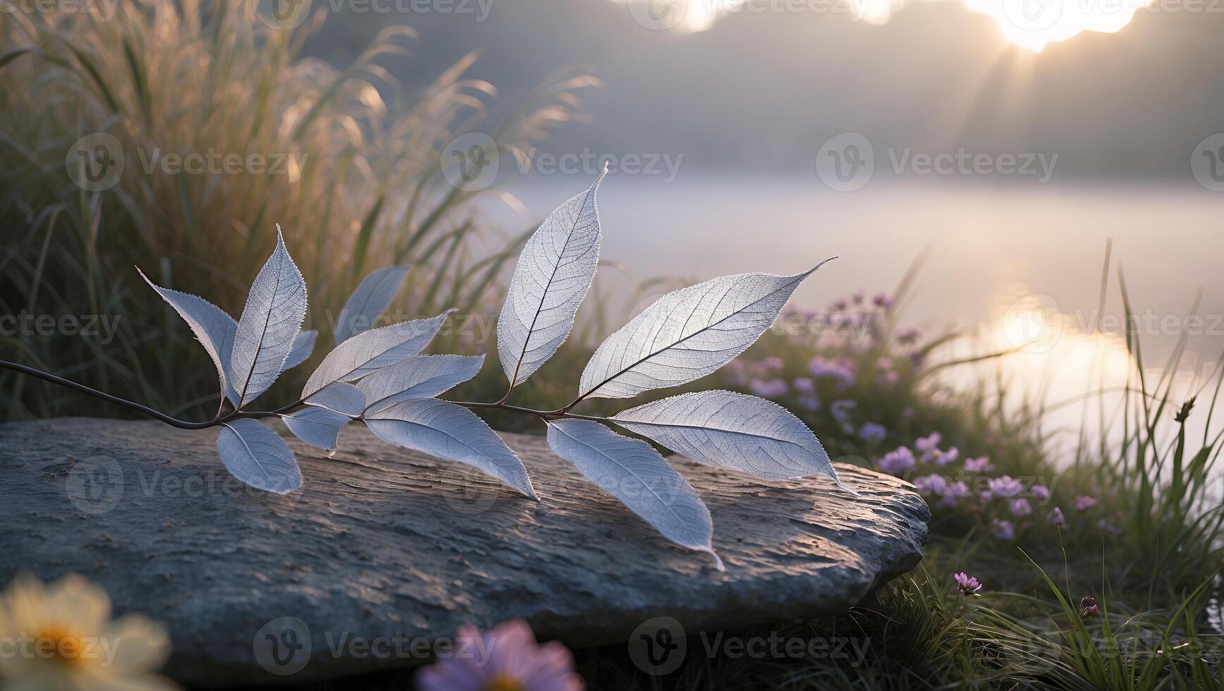 Translucent Leaf Branch on Stone with Soft Lake Sunrise Background photo