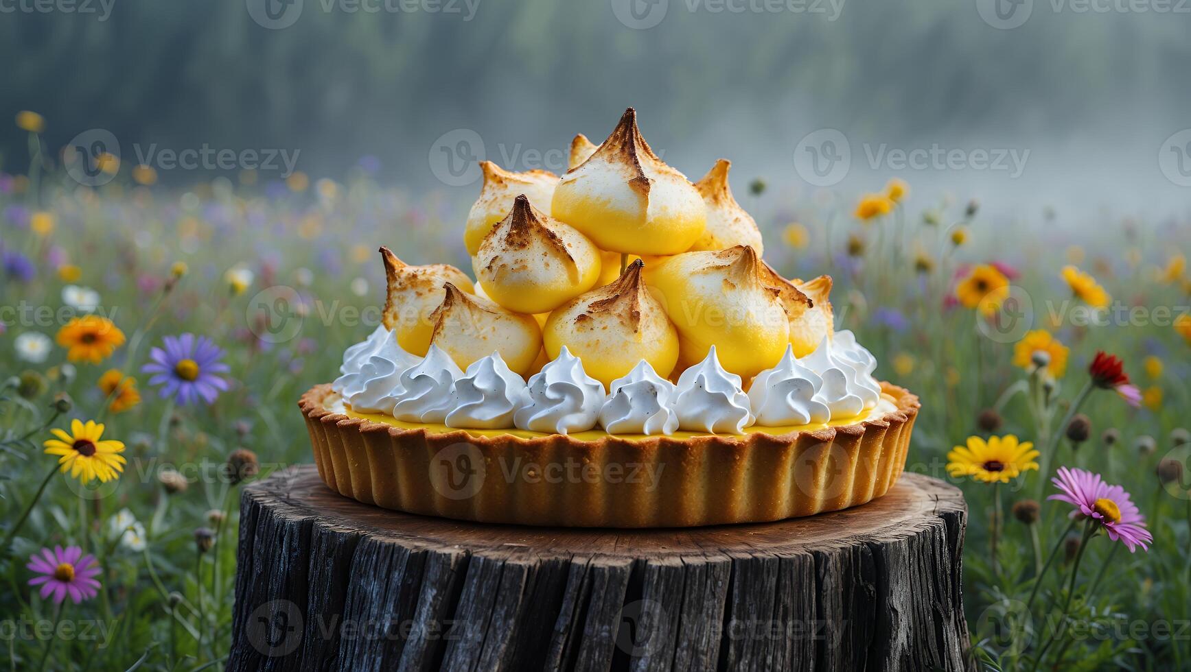 Lemon Meringue Tart Displayed on Tree Stump in Flower Field photo