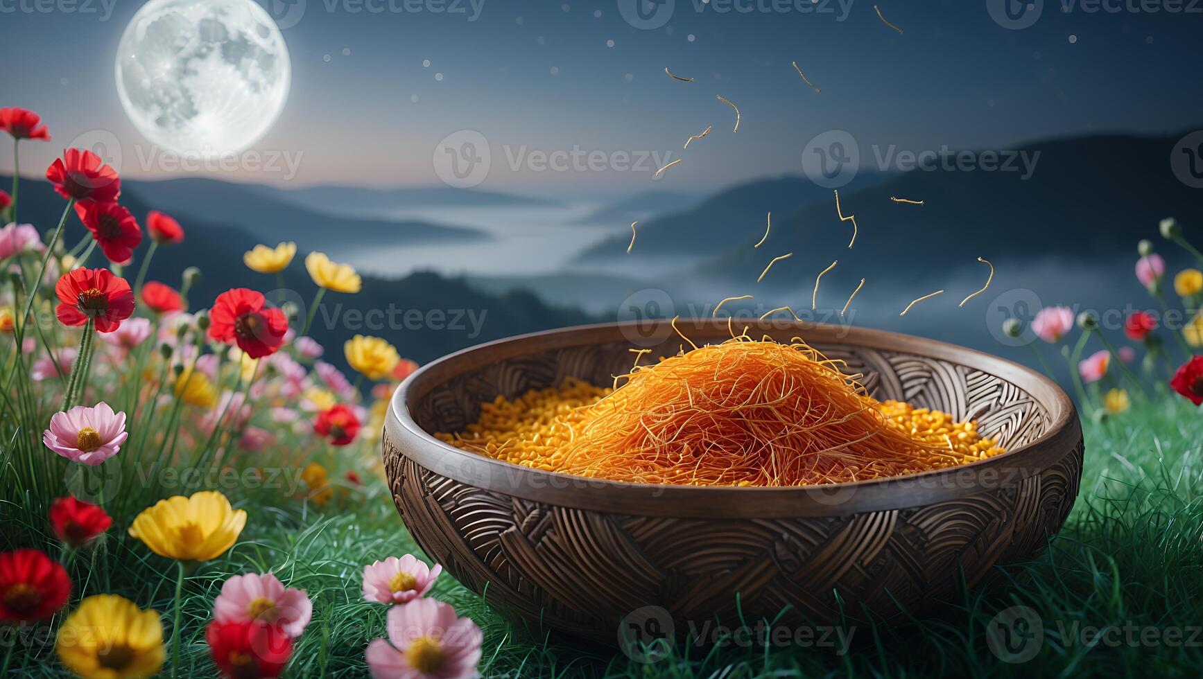 Bowl of Noodles in a Field of Flowers Under the Moonlight photo