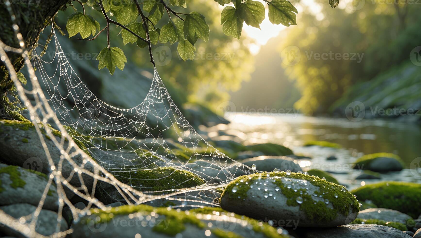 Spiderweb Covered with Dew Drops Near River with Sunlight photo