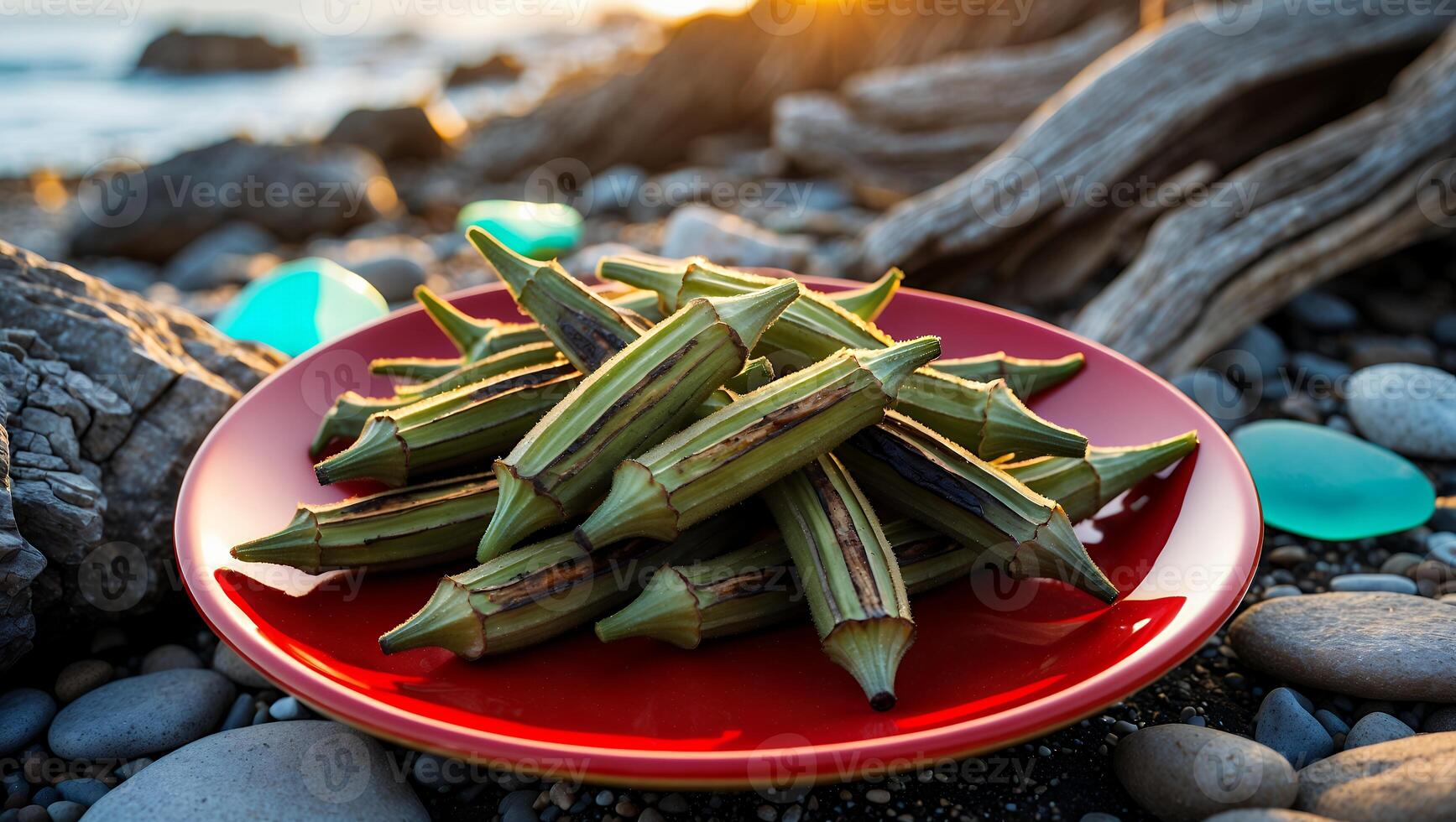 Grilled Okra Displayed on Red Plate at Seaside at Sunset photo