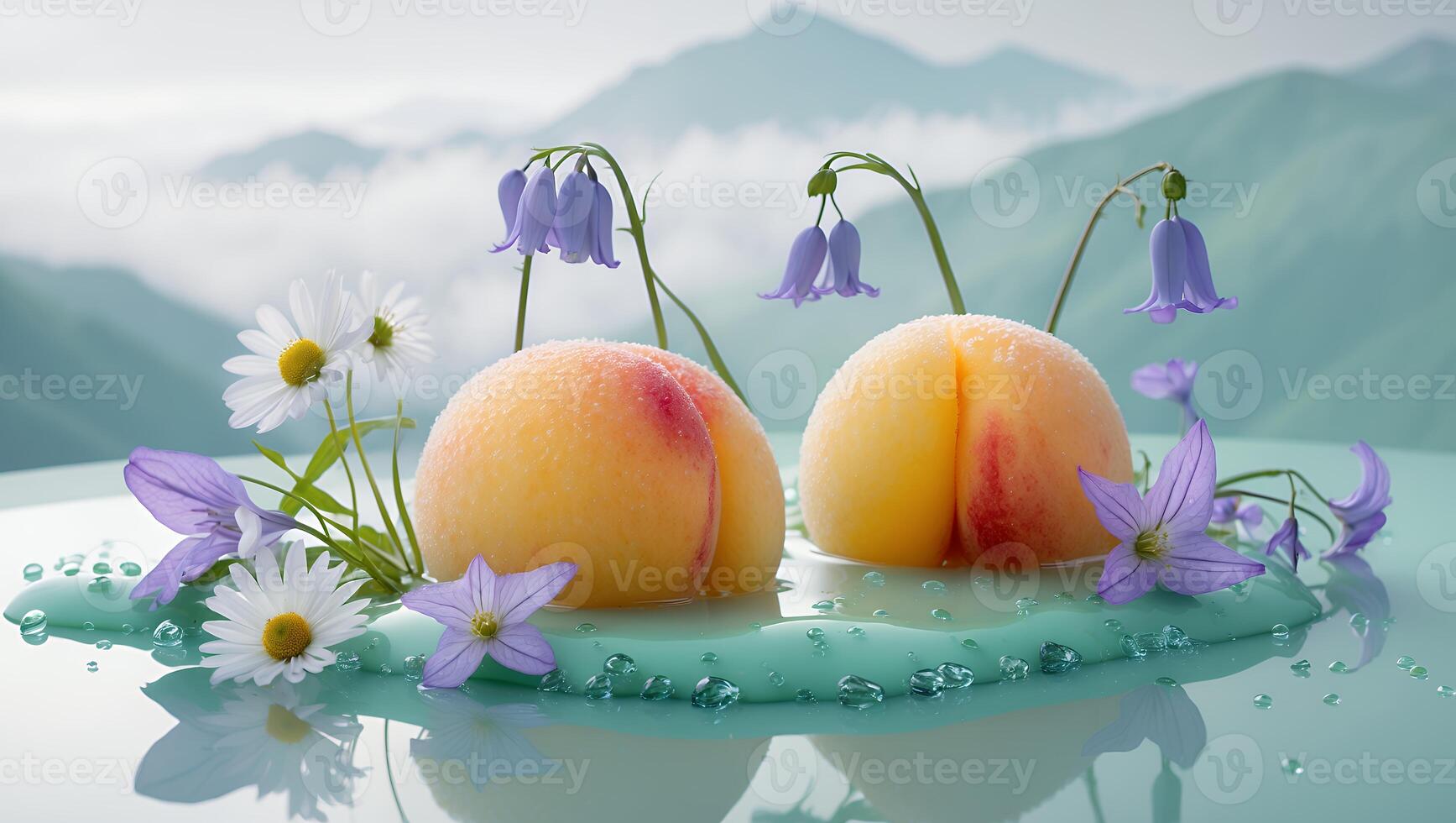 Two Peaches with Flowers on Turquoise Surface with Mountain Backdrop photo