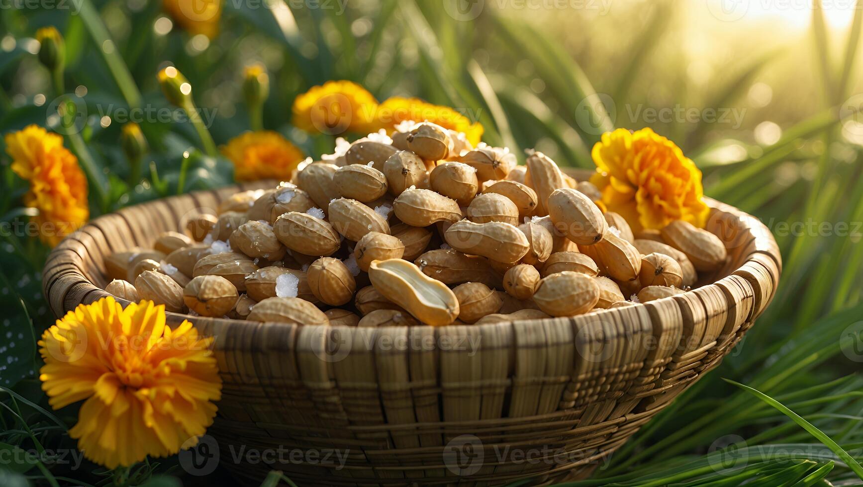 Peanuts in Basket with Flowers Outdoors in Sunlight photo