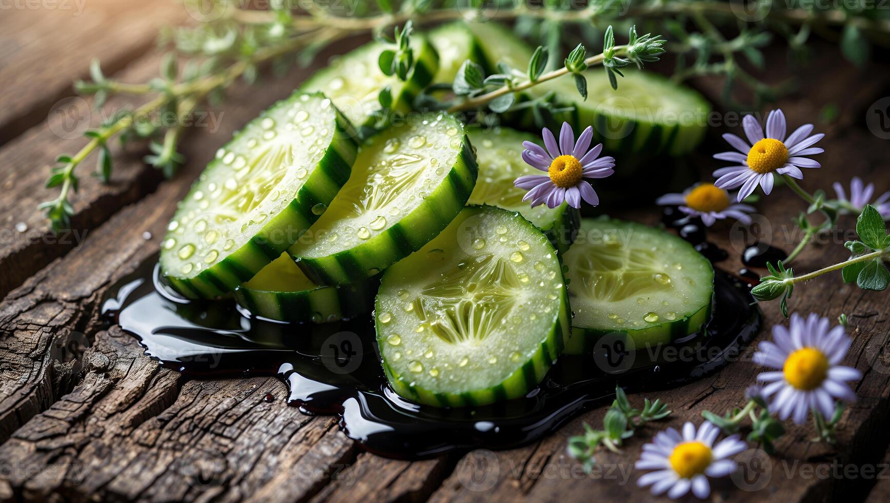 Cucumber Slices with Flowers and Herbs on Rustic Wooden Surface photo