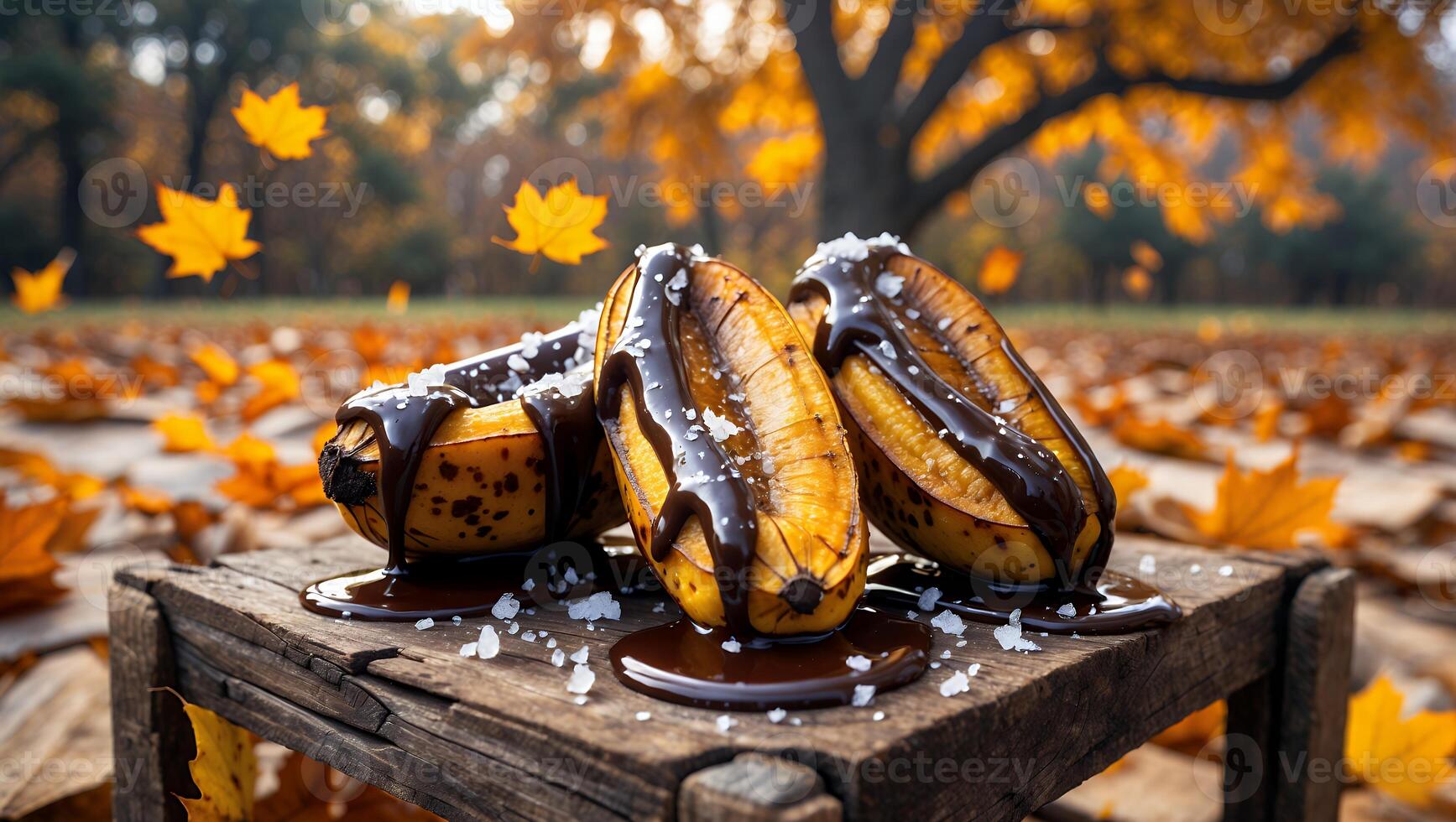 Roasted Bananas with Chocolate and Salt on a Wooden Table Autumn photo