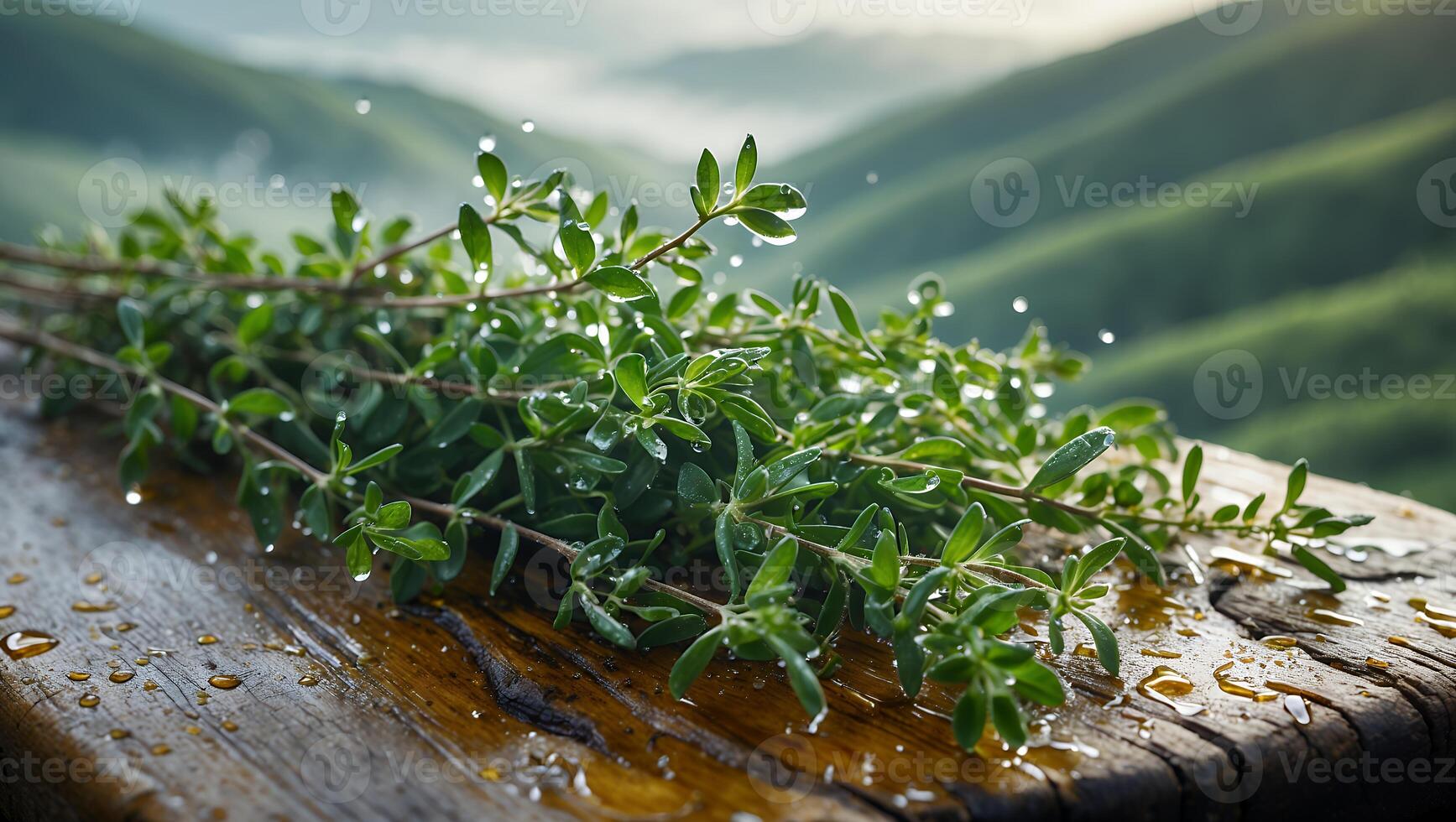 Fresh Thyme Sprigs with Water Droplets on Rustic Wood Surface photo