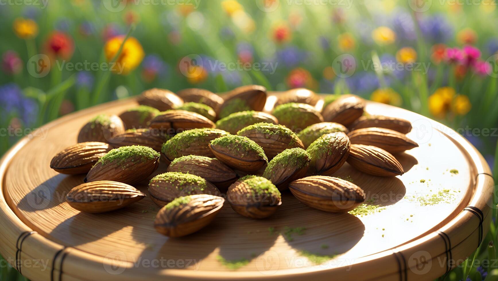 Almonds on Wooden Tray with Herbs in a Sunny Flower Field photo