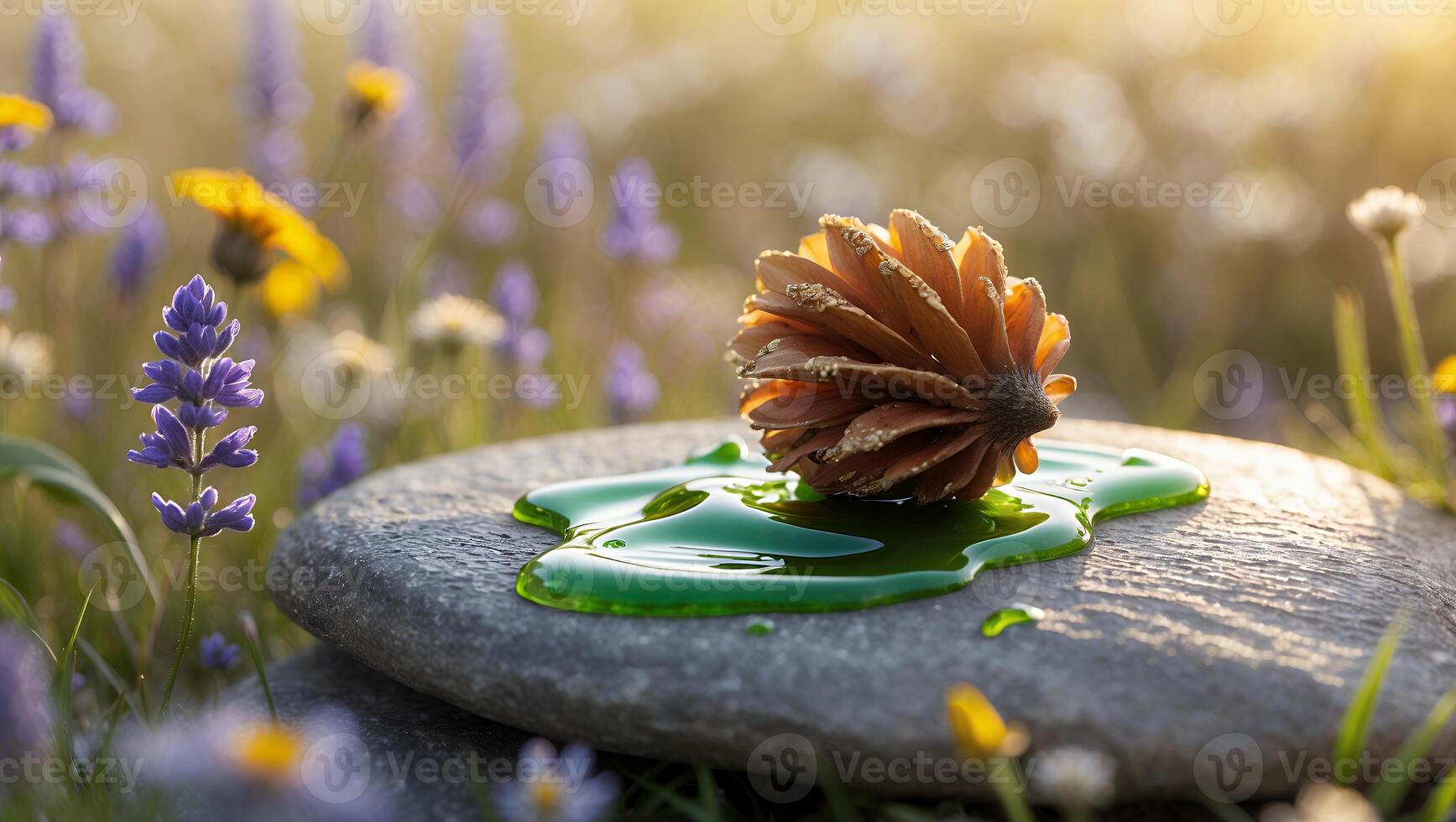 Pine Cone on Stone with Green Liquid in Meadow Setting photo