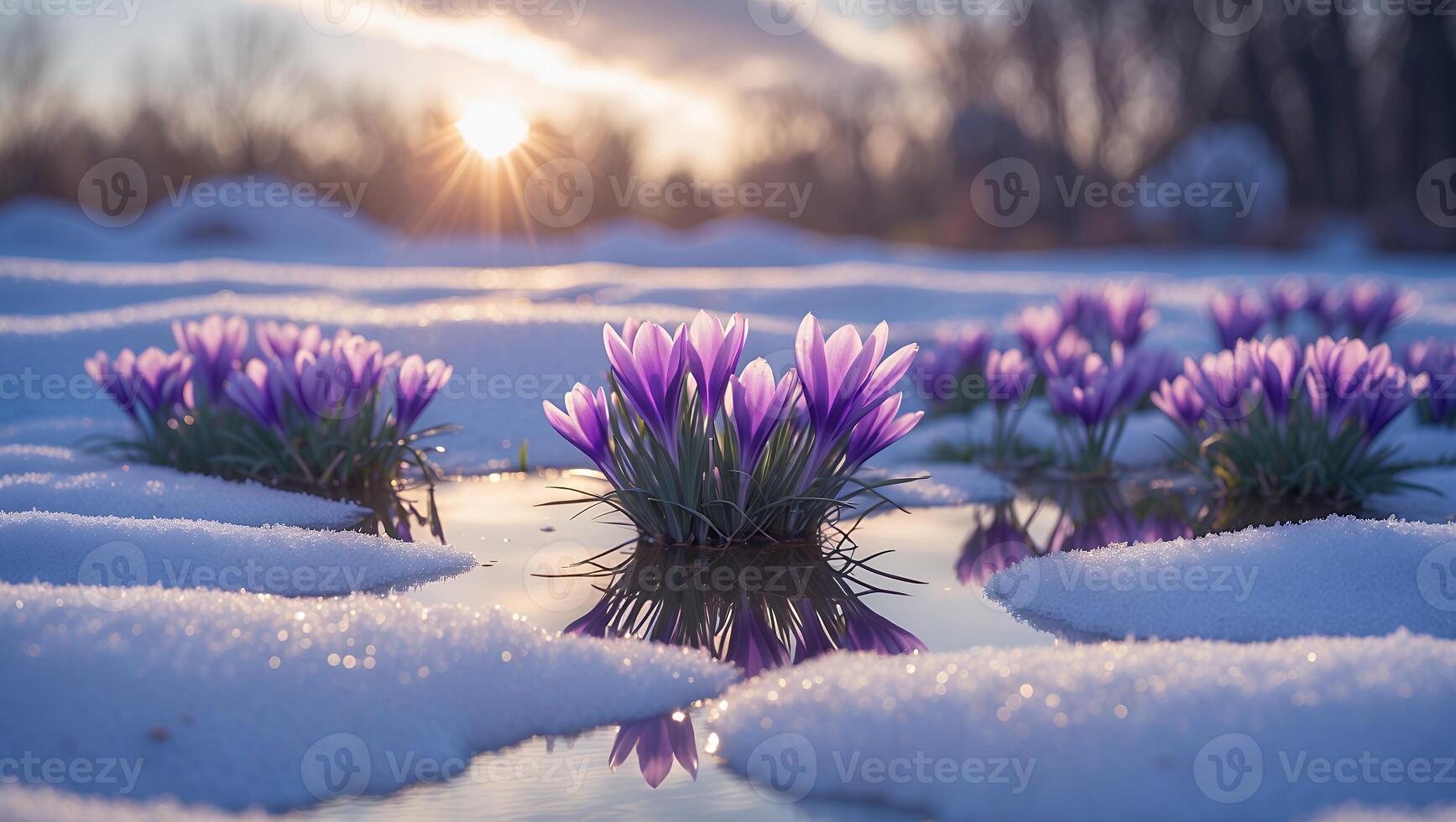 Purple Crocus Flowers Emerging Through Melting Snow at Sunrise photo