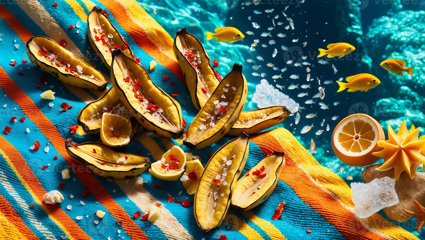 Grilled Banana with Chili Flakes on Colorful Striped Towel Background photo