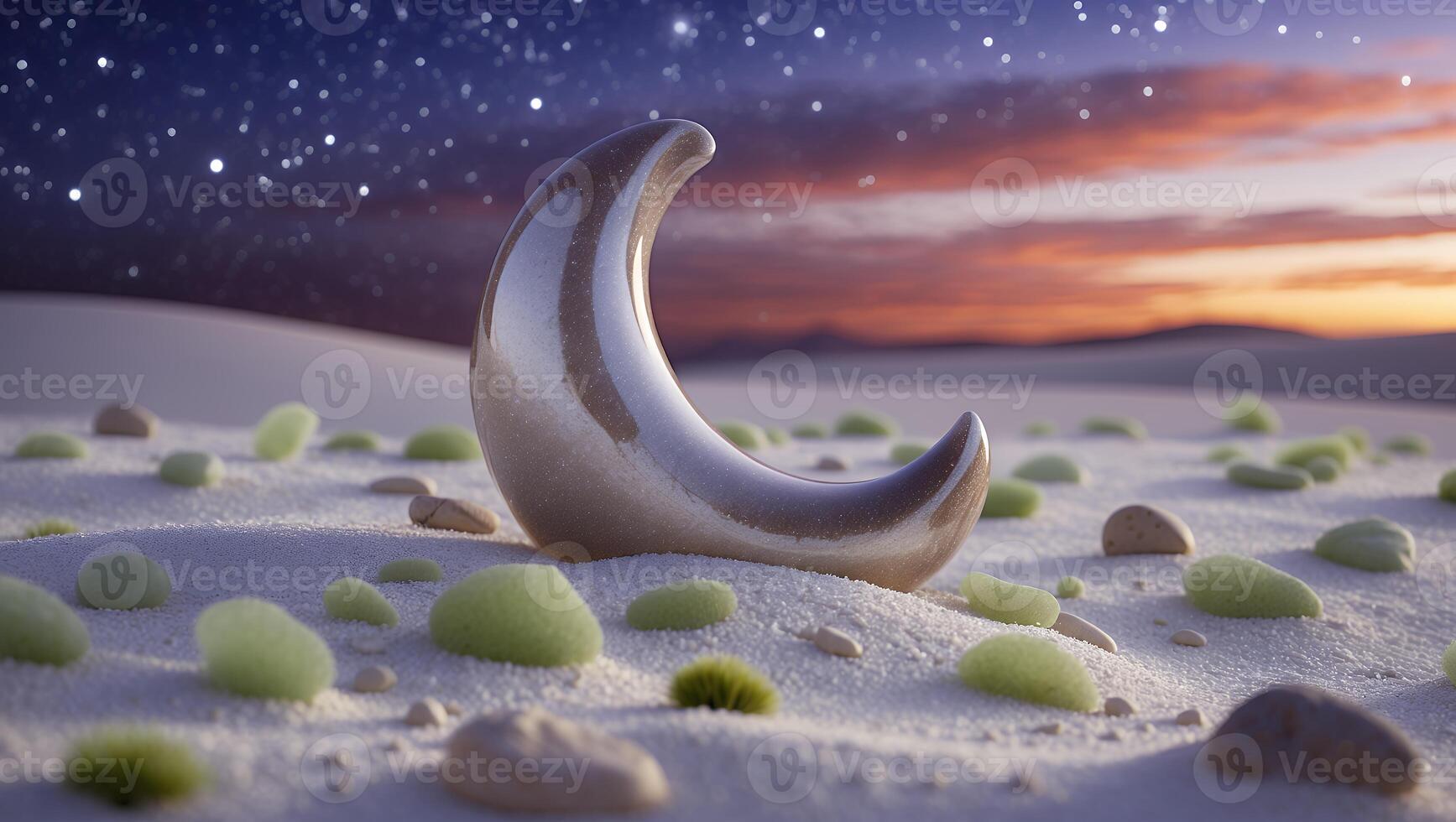 Crescent Moon on Sand with Evening Sky and Small Greenery photo