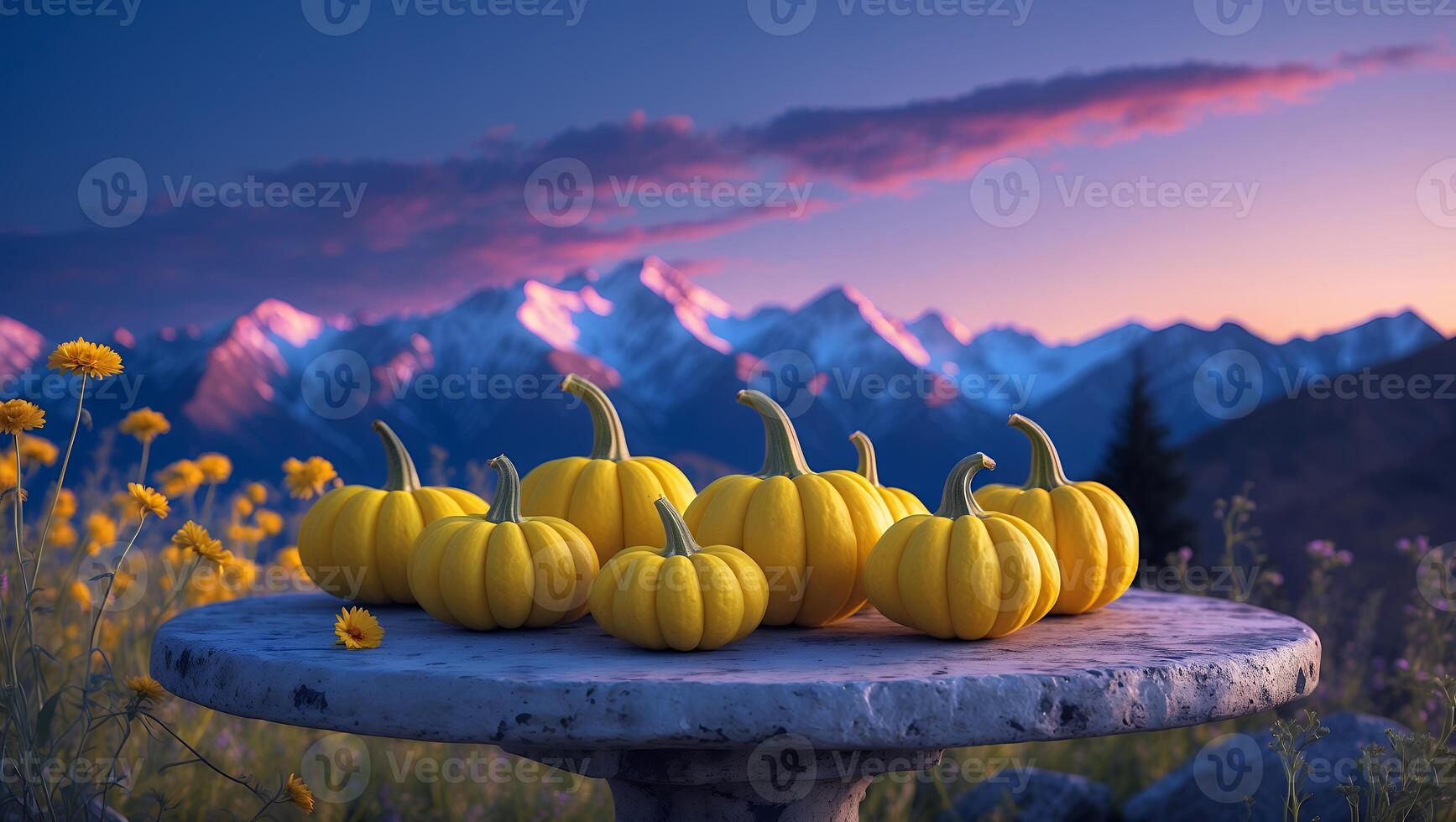 Pumpkins on Stone Table with Mountain Backdrop at Dusk photo