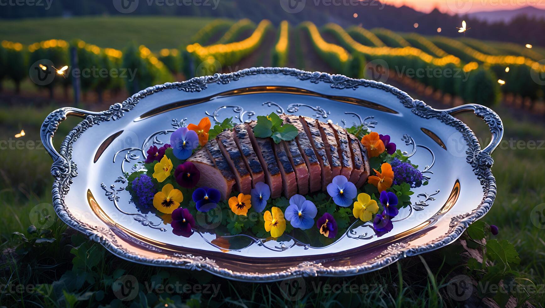 Sliced Roast Meat Garnished with Flowers Displayed on Silver Tray photo