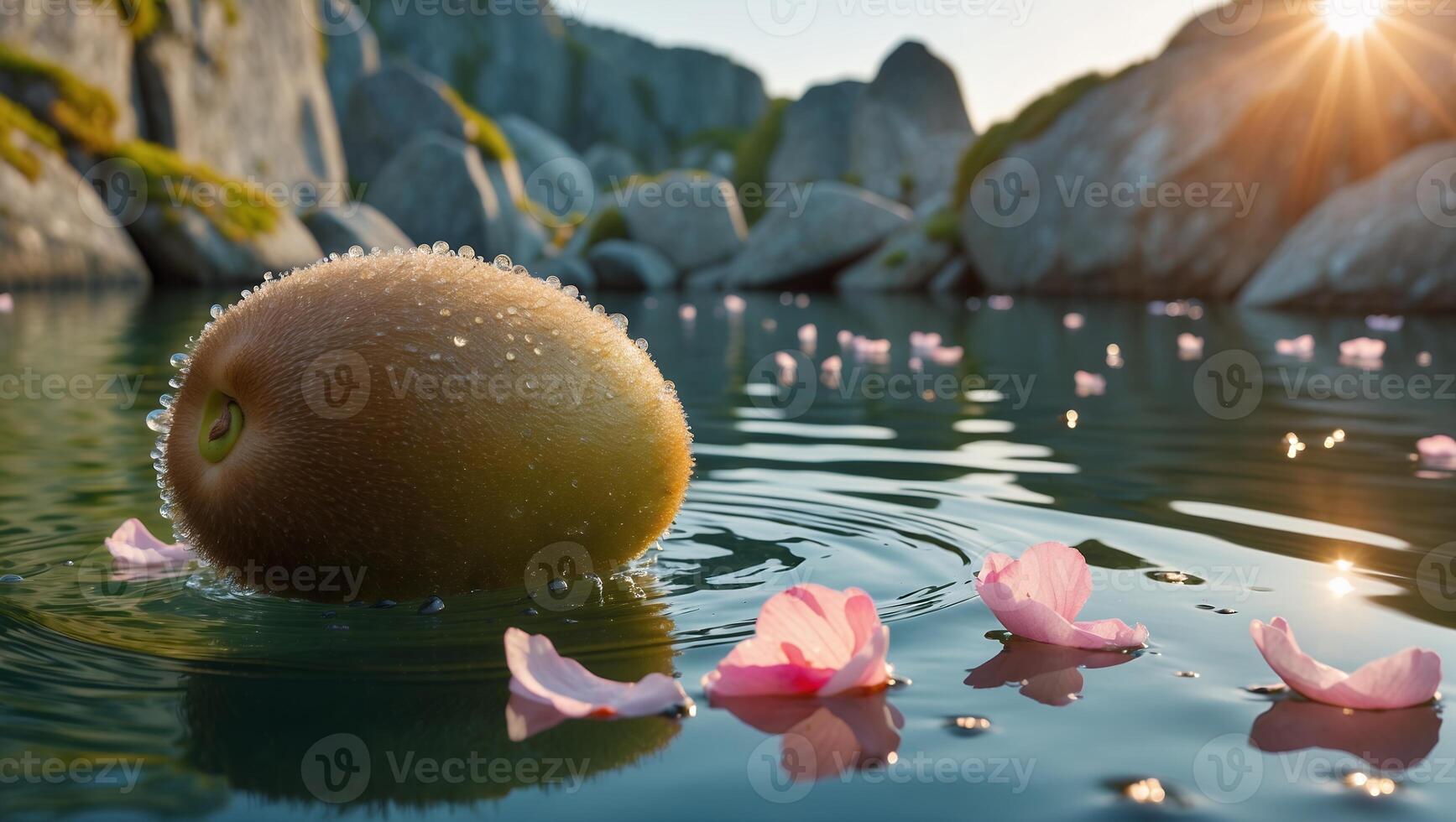 Kiwi Fruit Floating in Water with Pink Petals and Rocks photo