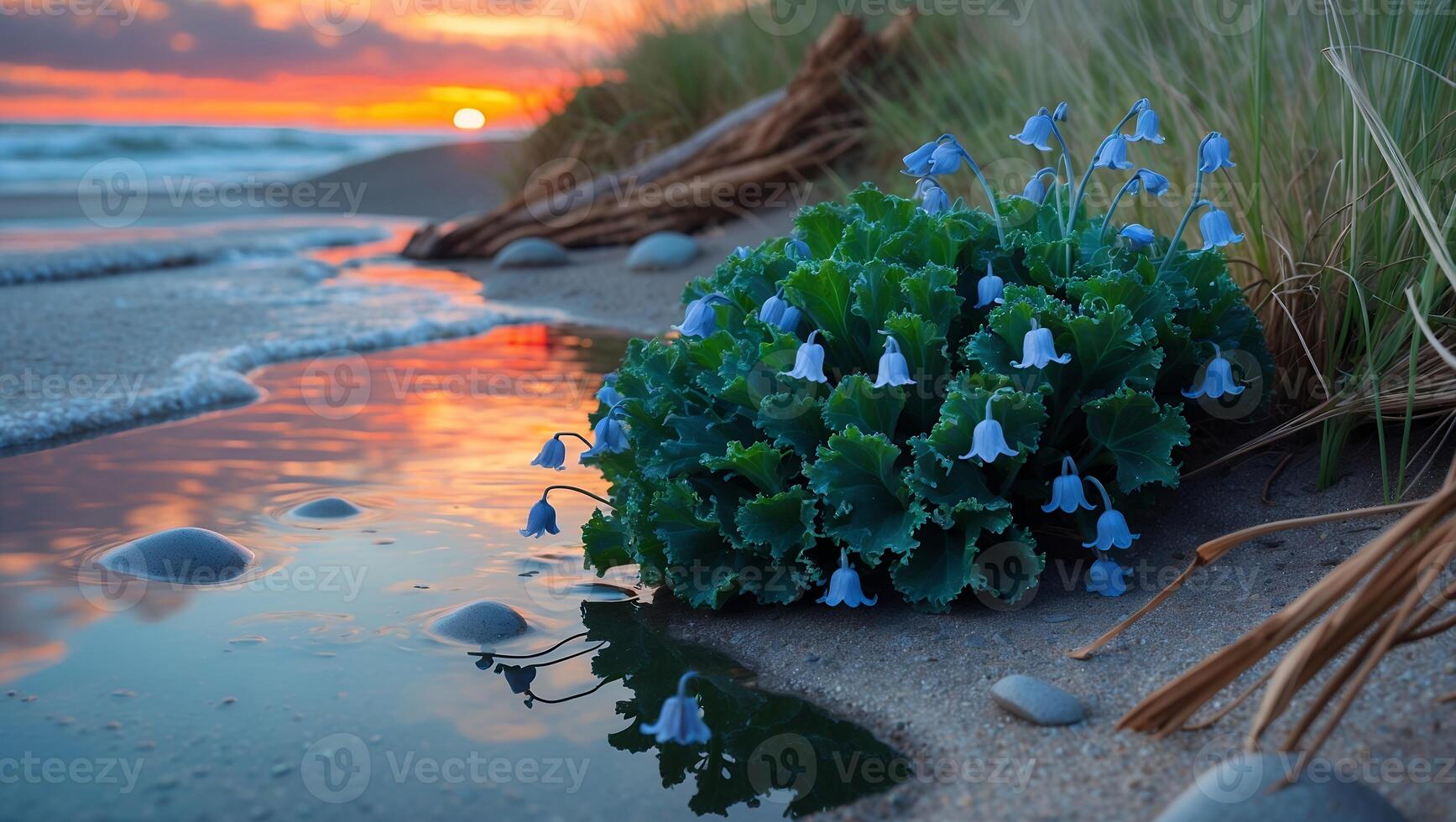 Blooming Bluebells by the Ocean at Sunset with Vibrant Sky photo