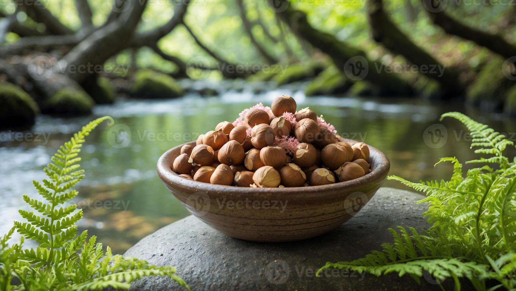 Hazelnuts in Bowl by Stream Surrounded by Ferns and Mossy Trees photo