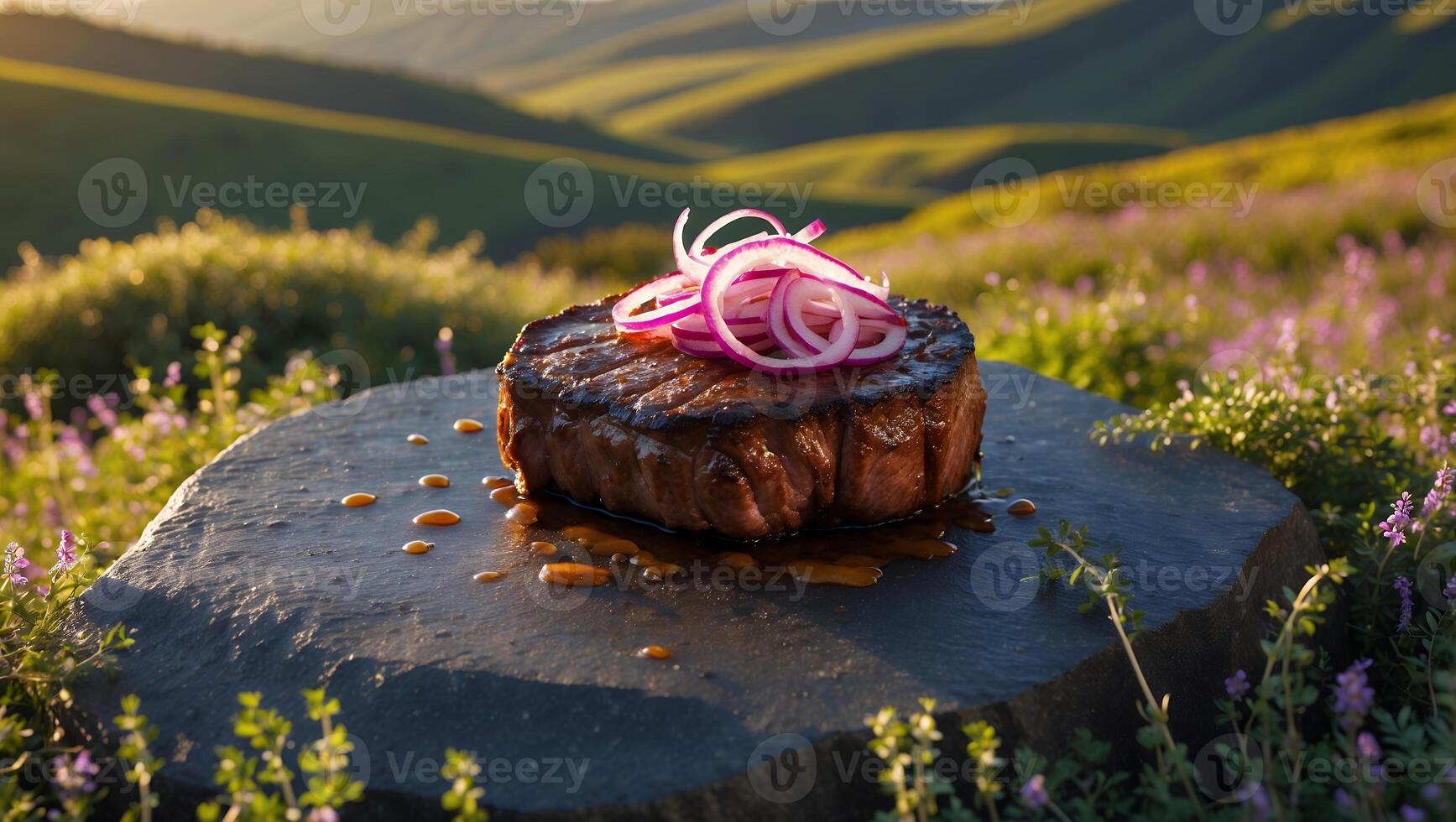 Grilled Steak with Onion Rings Presented on Stone Slab Outdoors photo