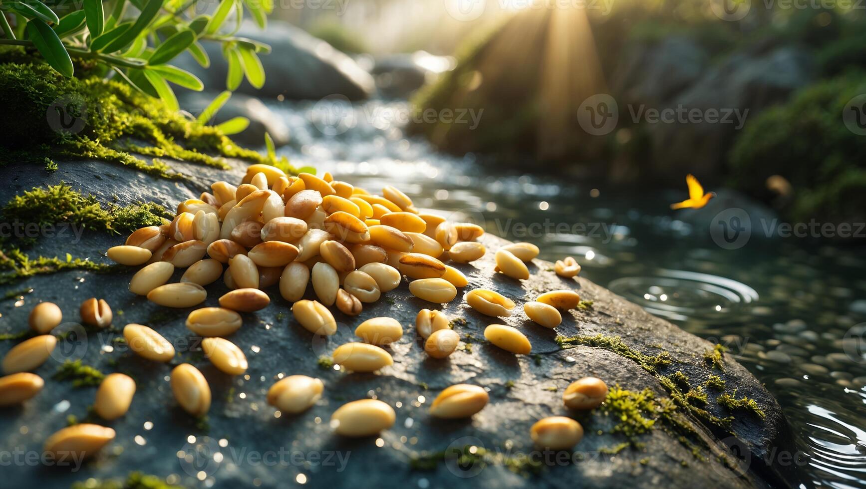 Pile of Wheat Berries on Mossy Rock Near Flowing Stream photo