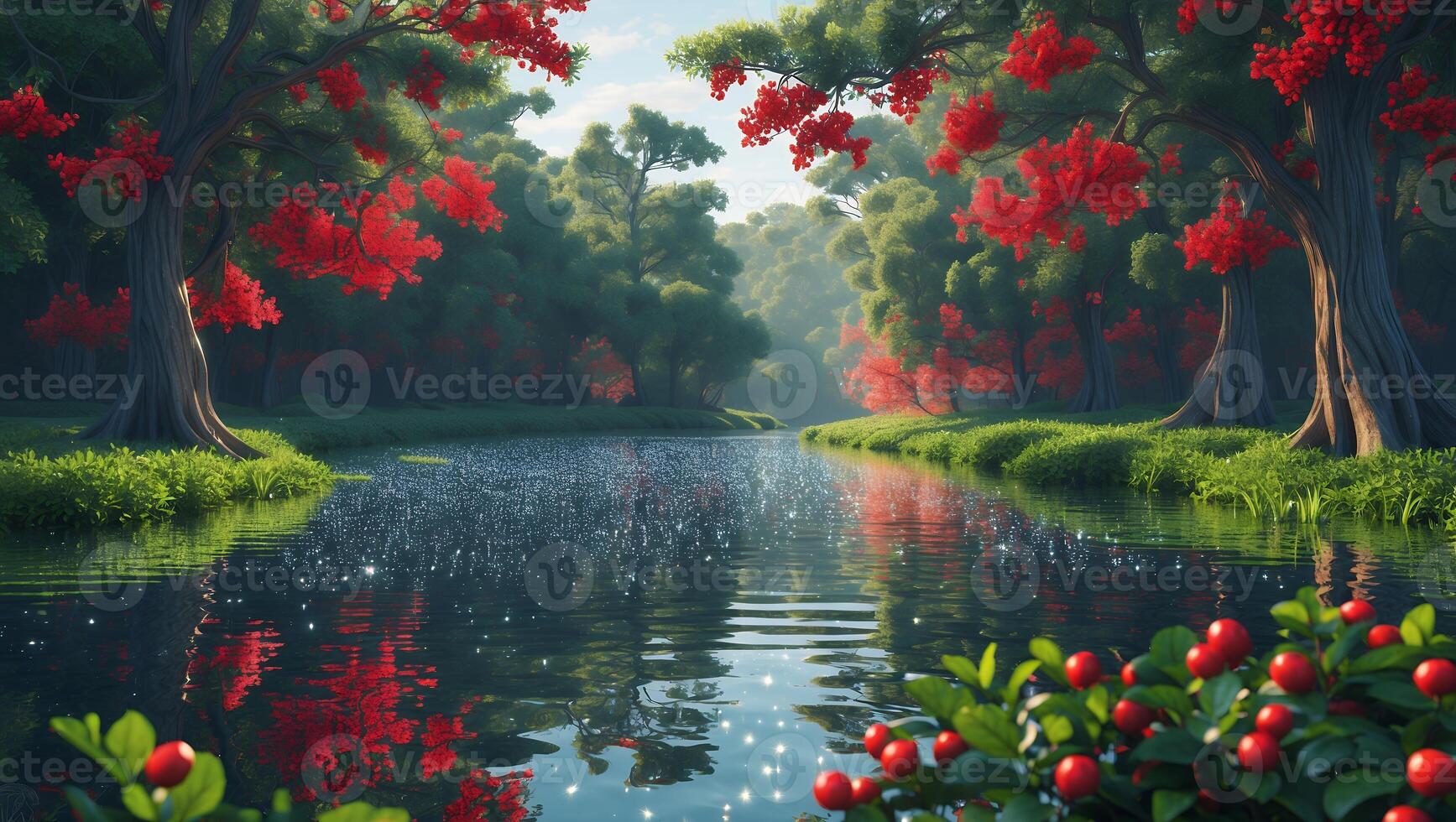 River Flows Through Forest with Red Flowers and Tree Reflections photo