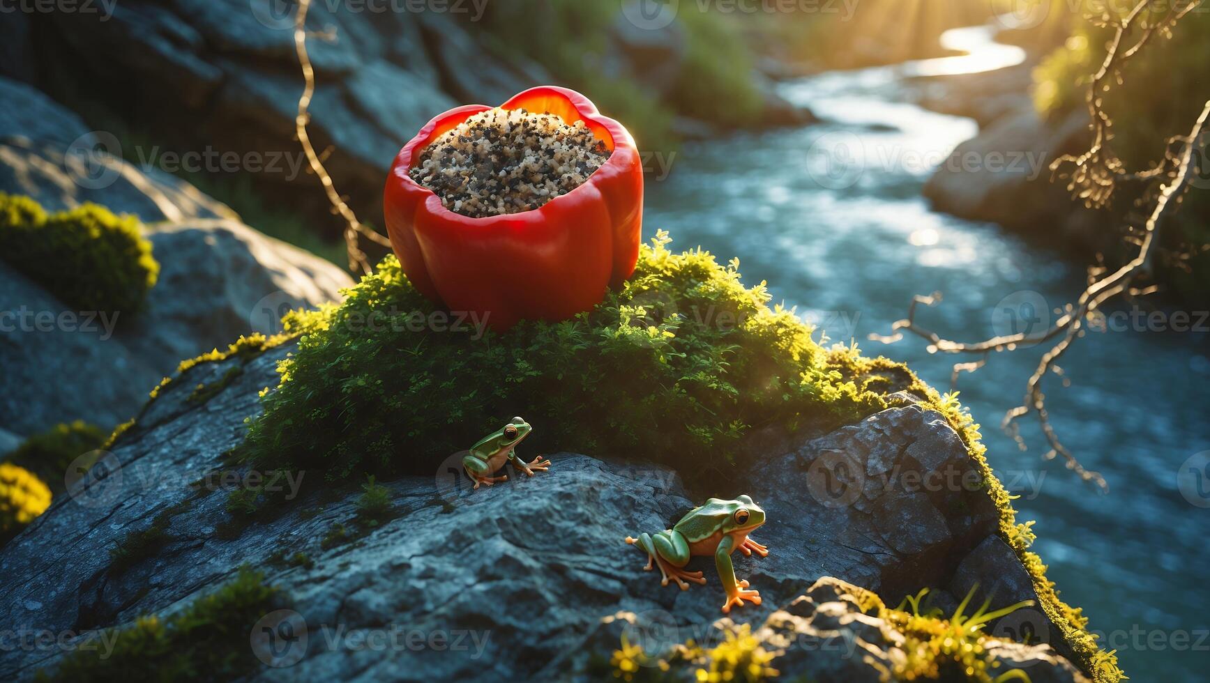 Frogs on Mossy Rock Near Pepper Filled with Seed by River photo