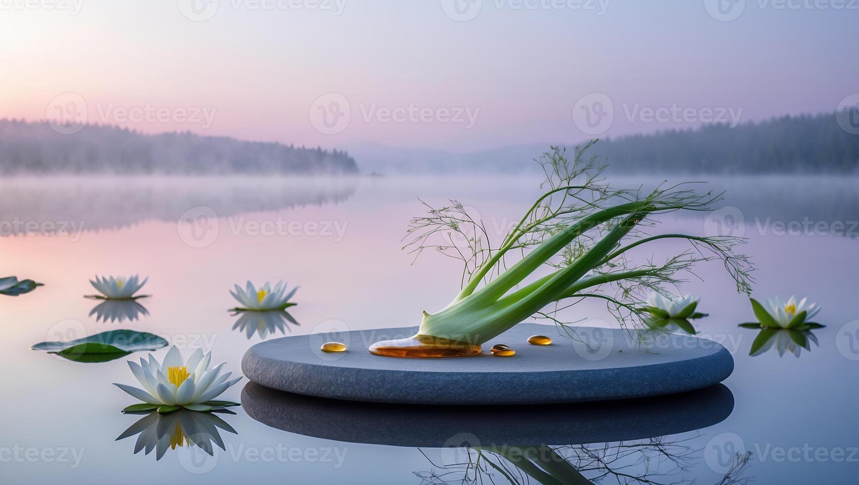 Presenting Fennel Bulb with Liquid on Stone Platform in Serene Lake photo