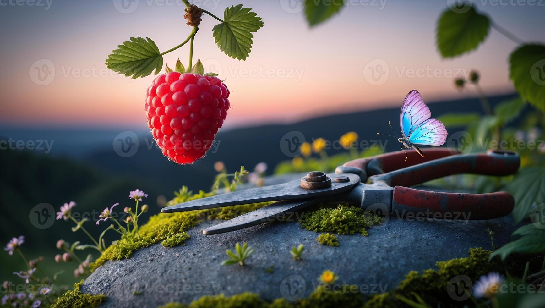 Raspberry with Butterfly and Gardening Tool at Sunset Landscape photo