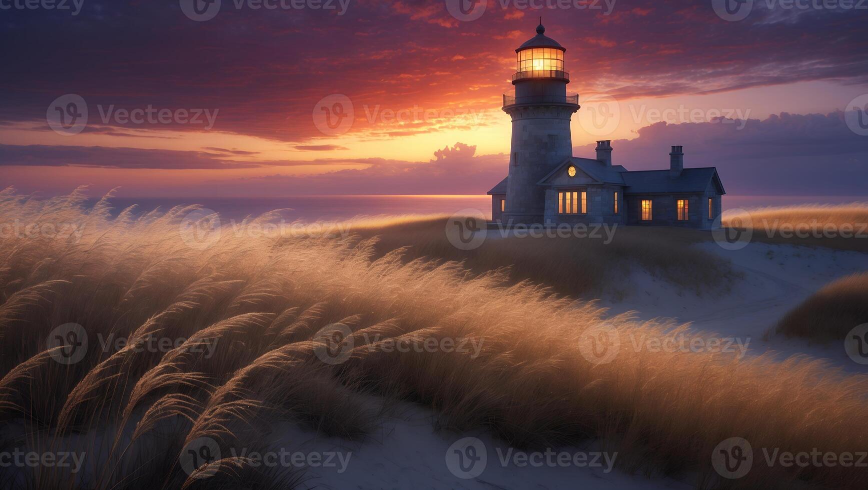 Lighthouse Shines at Dusk Above Golden Grass with Dramatic Sky photo