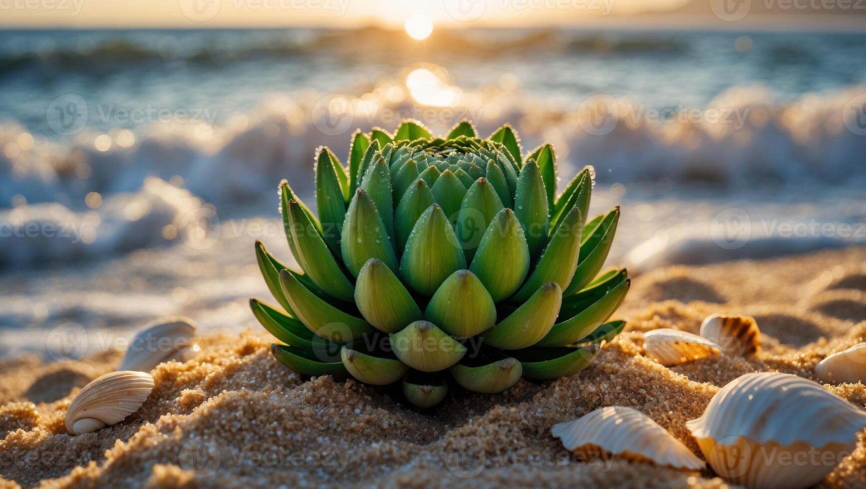 Succulent Plant on Beach with Seashells at Sunrise by the Ocean photo