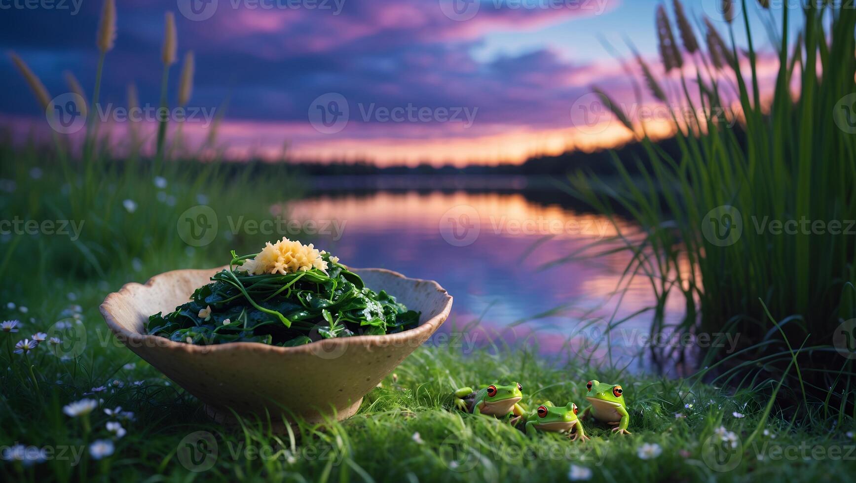 Green Vegetable Dish by the Lake with a Colorful Sunset Sky photo