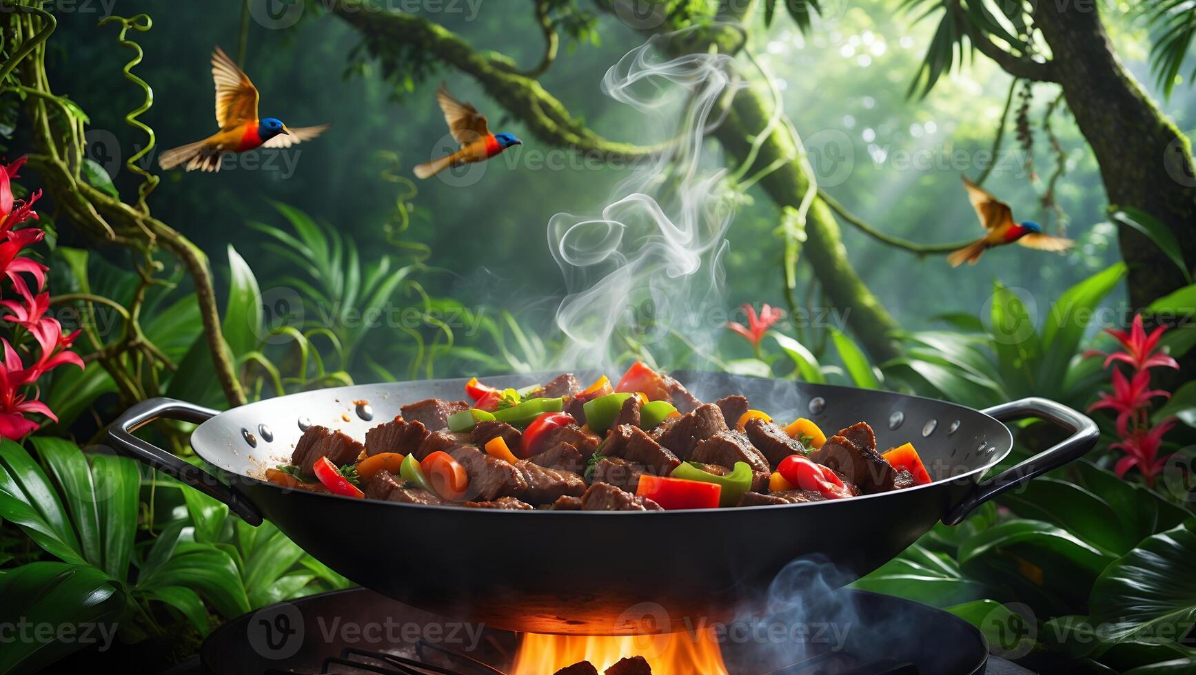 Stir-fry Cooking in Wok Over Fire in Jungle with Flying Birds photo