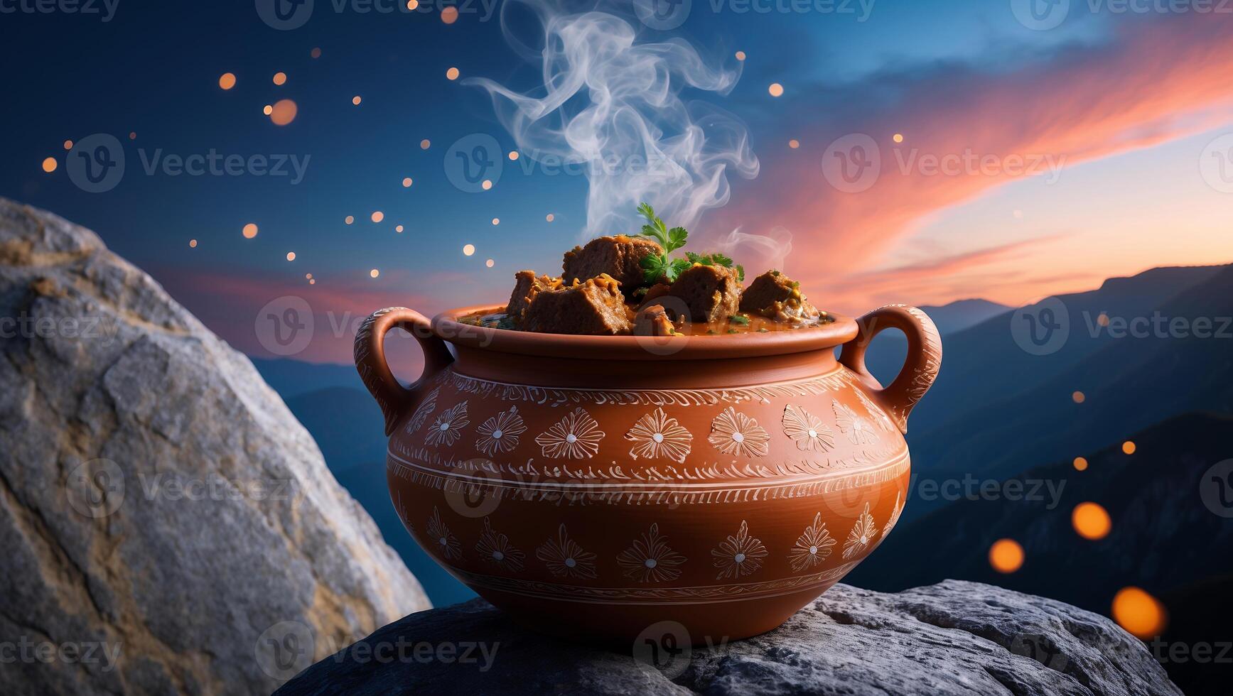 Steaming Pot of Stew on Mountain Top with Sunset Sky photo
