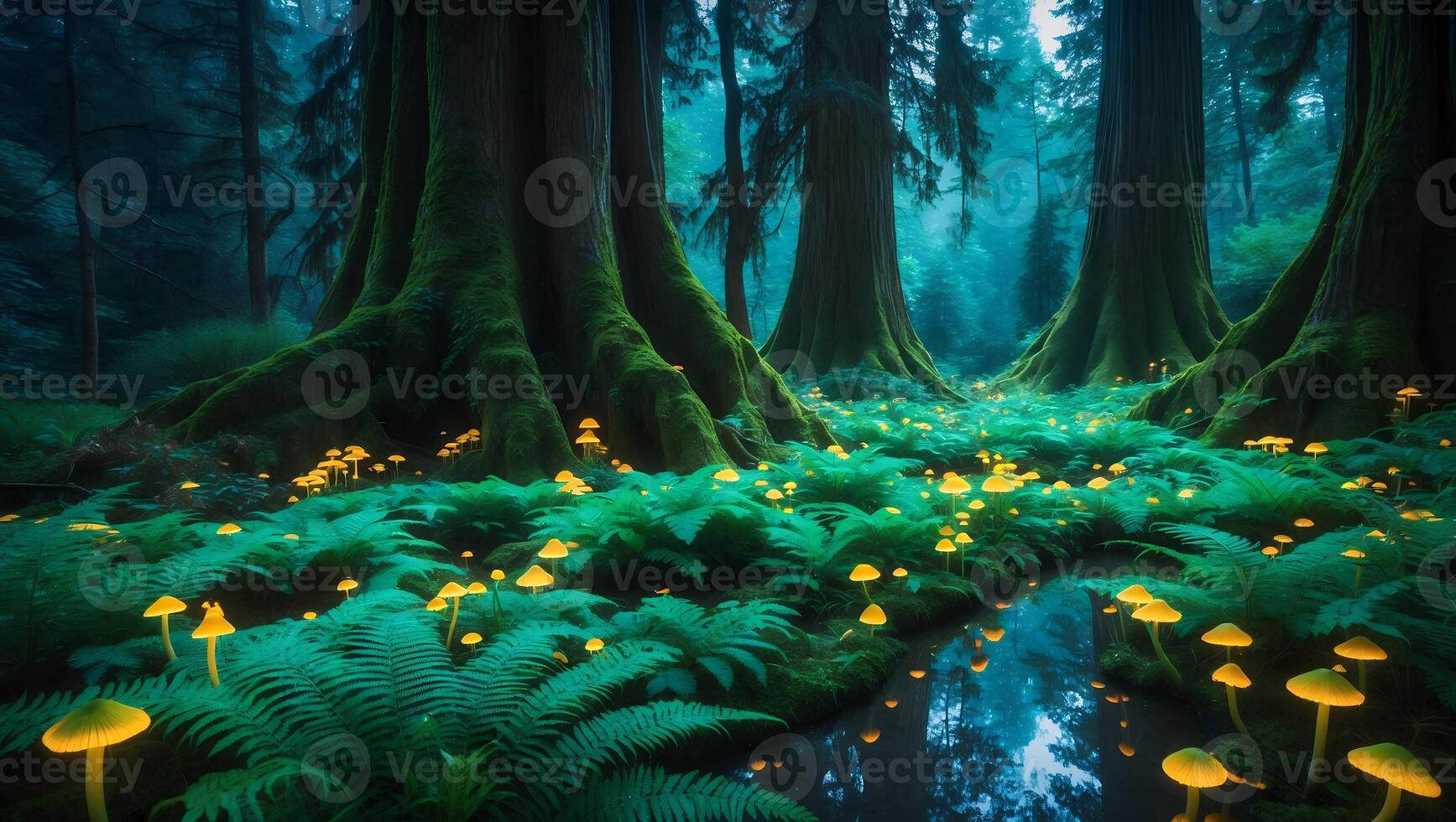 Glowing Mushrooms in Mystical Forest with Mossy Trees and Ferns photo